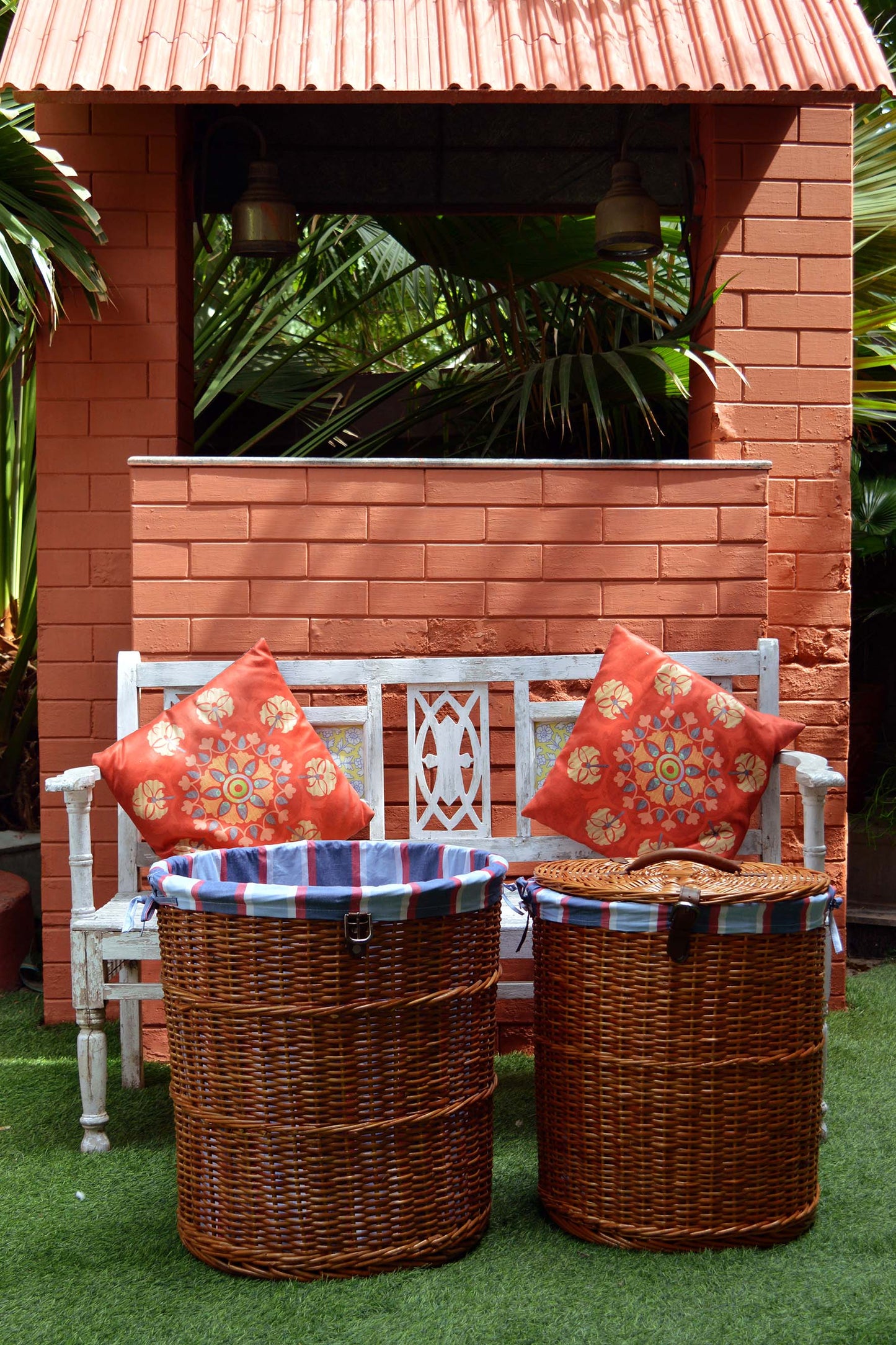 Natural Wicker Round Laundry Basket- Stripe