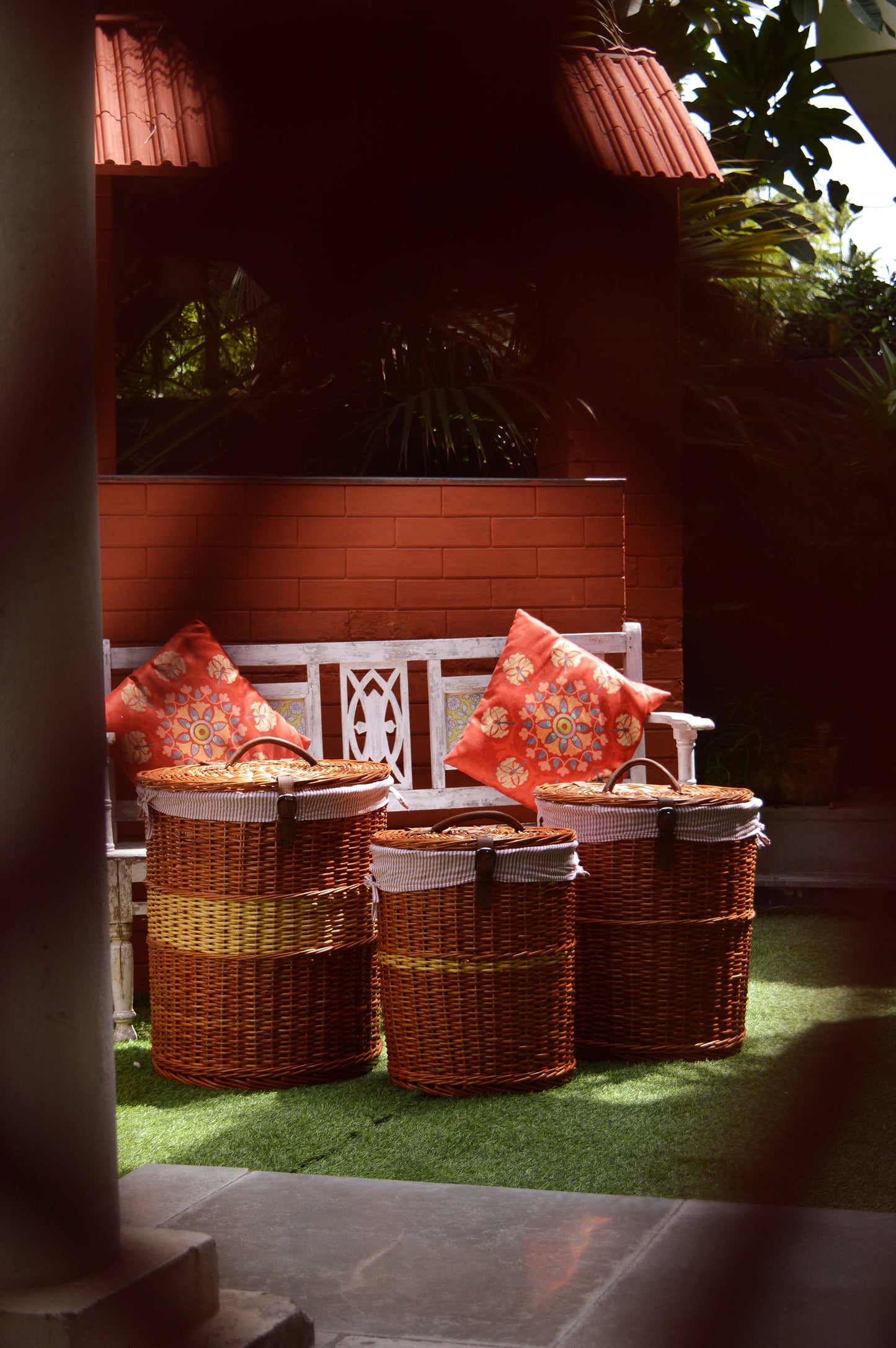 Natural Wicker Laundry Basket- Red Stripe