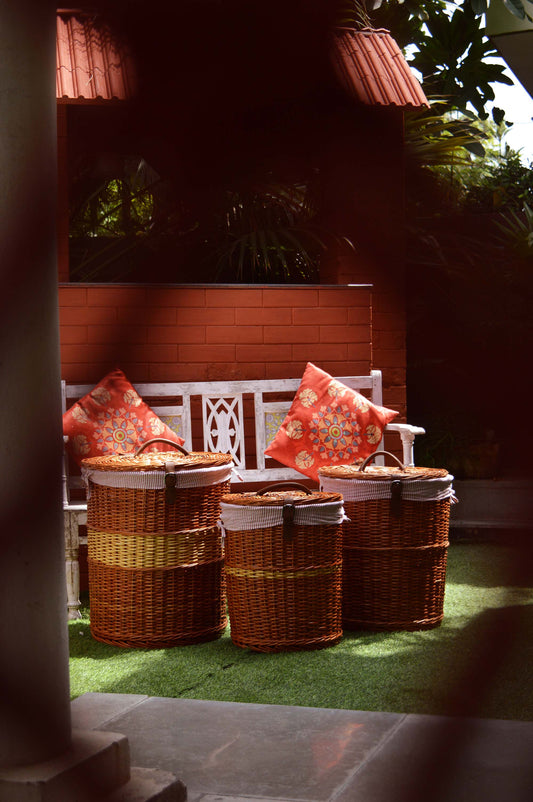 Natural Wicker Laundry Basket- Red Stripe