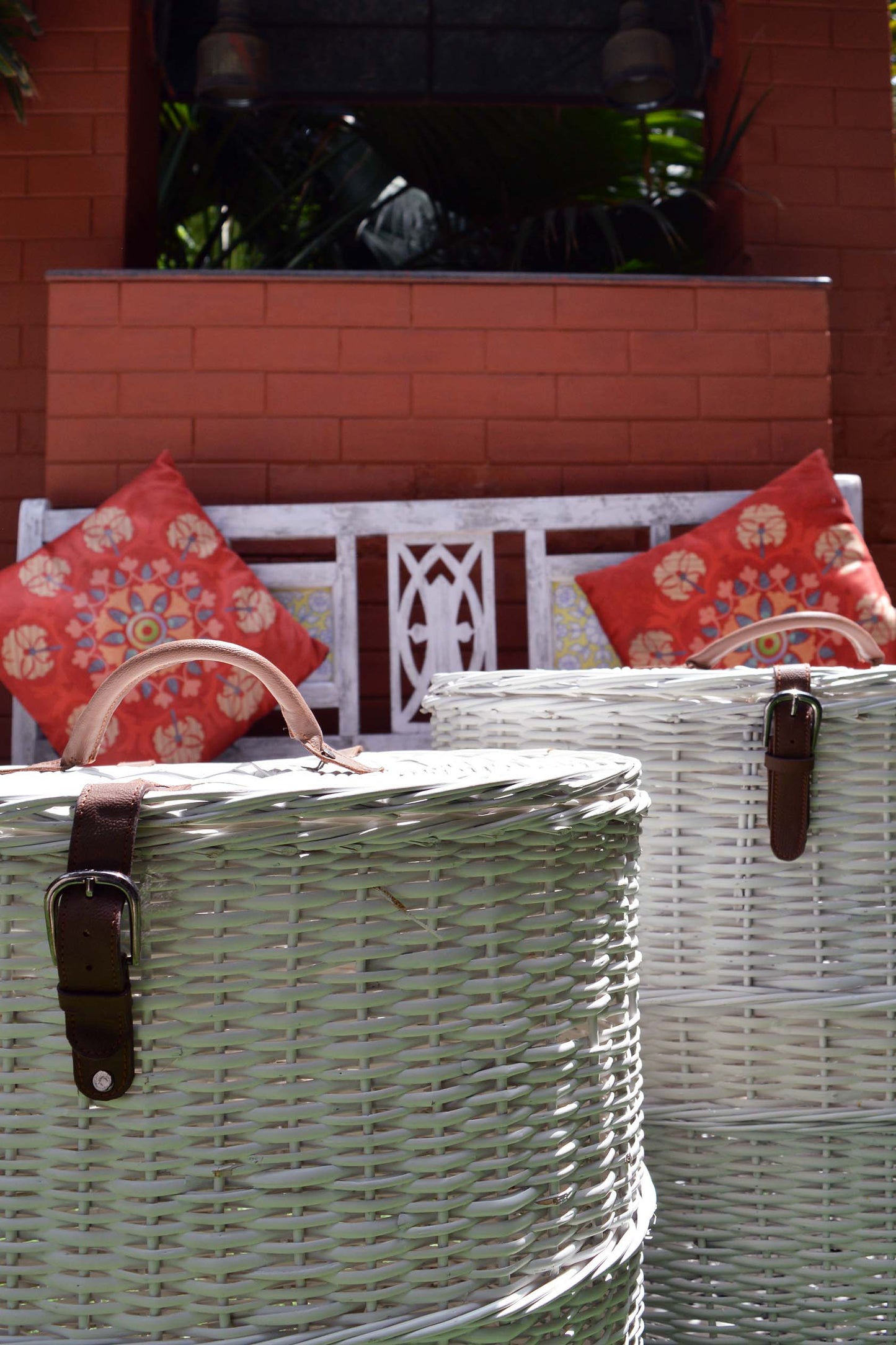 White Wicker Oval Laundry Basket with Wooden Handles