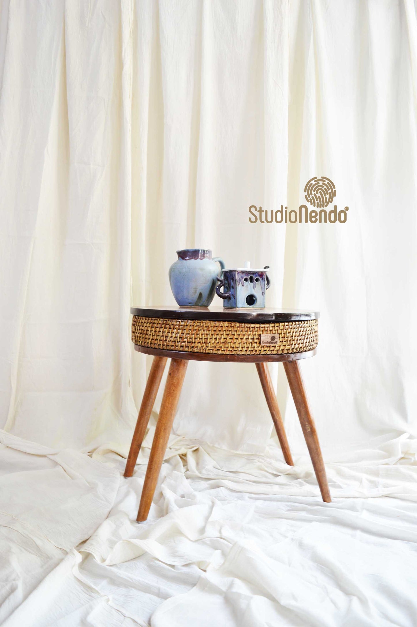 Circular Standing Storage Basket/Coffee Table- Cane & Wood