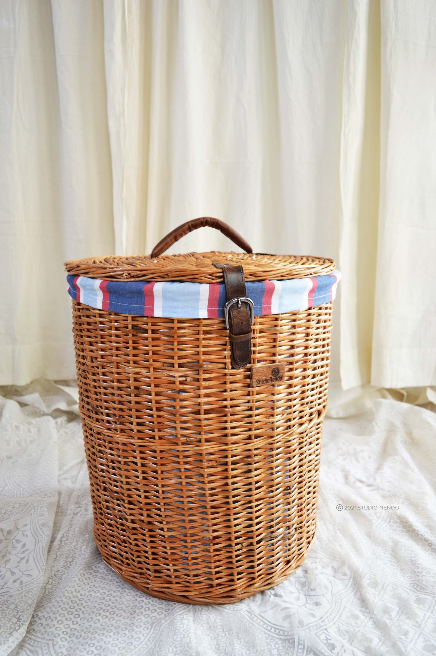 Natural Wicker Round Laundry Basket- Stripe