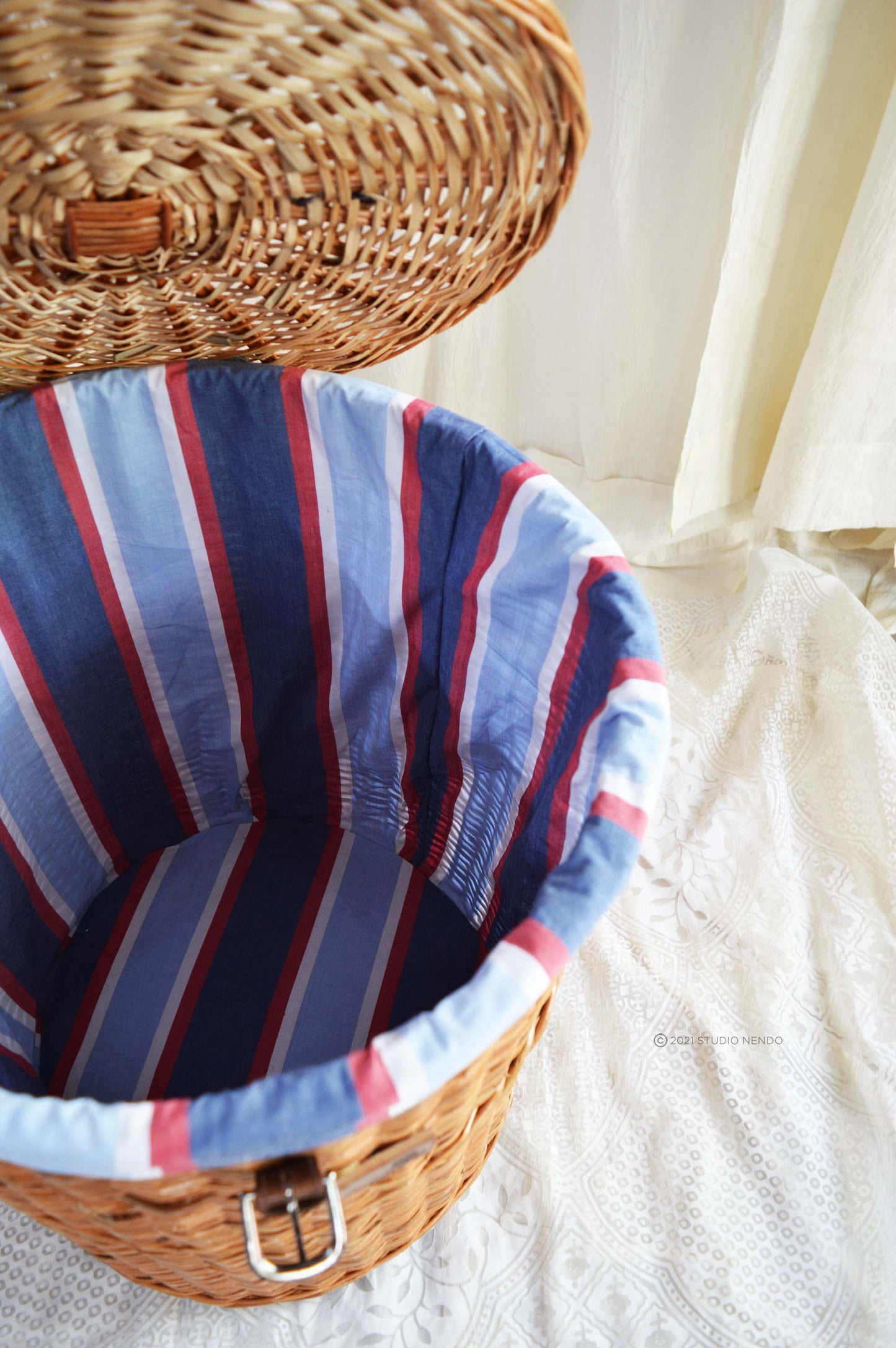 Natural Wicker Round Laundry Basket- Stripe