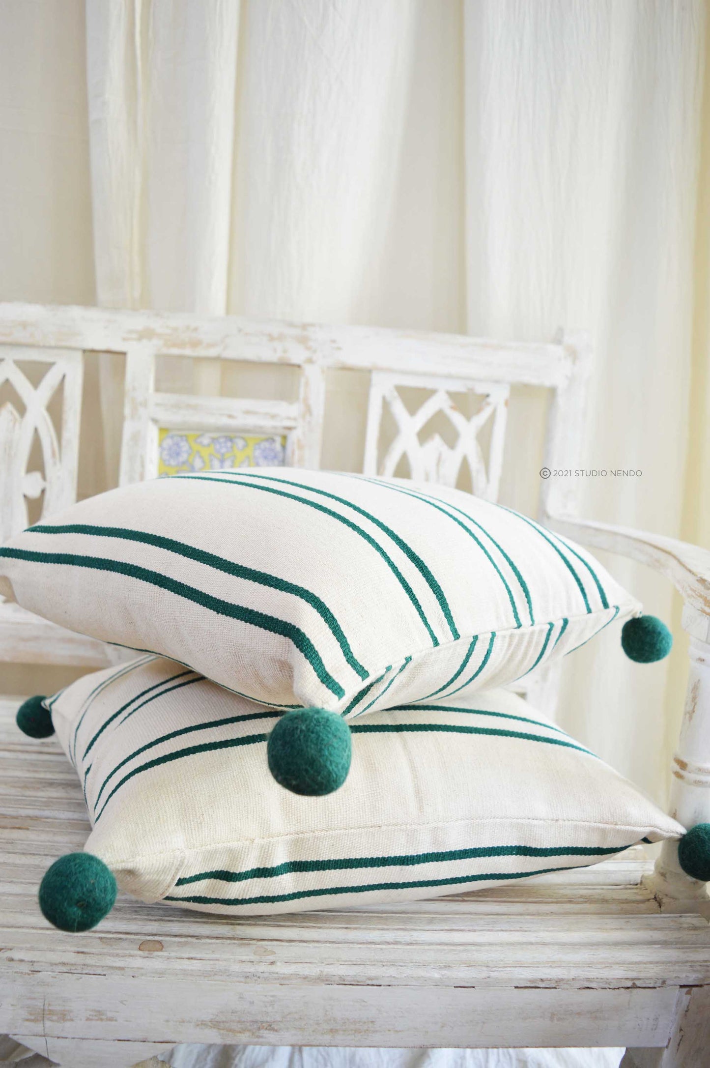 HANDMADE JACQUARD CUSHION COVER- STRIPED AMAZON GREEN