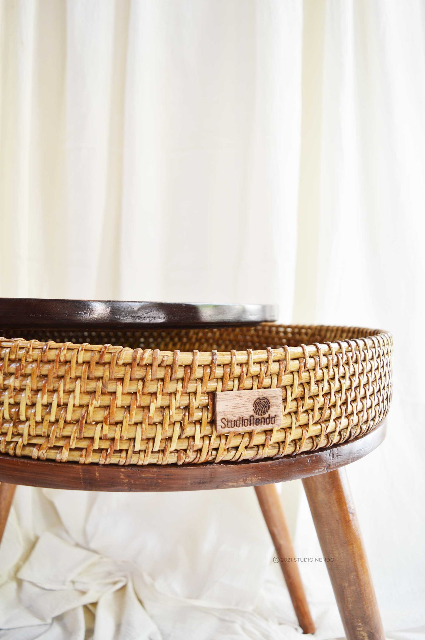 Circular Standing Storage Basket/Coffee Table- Cane & Wood
