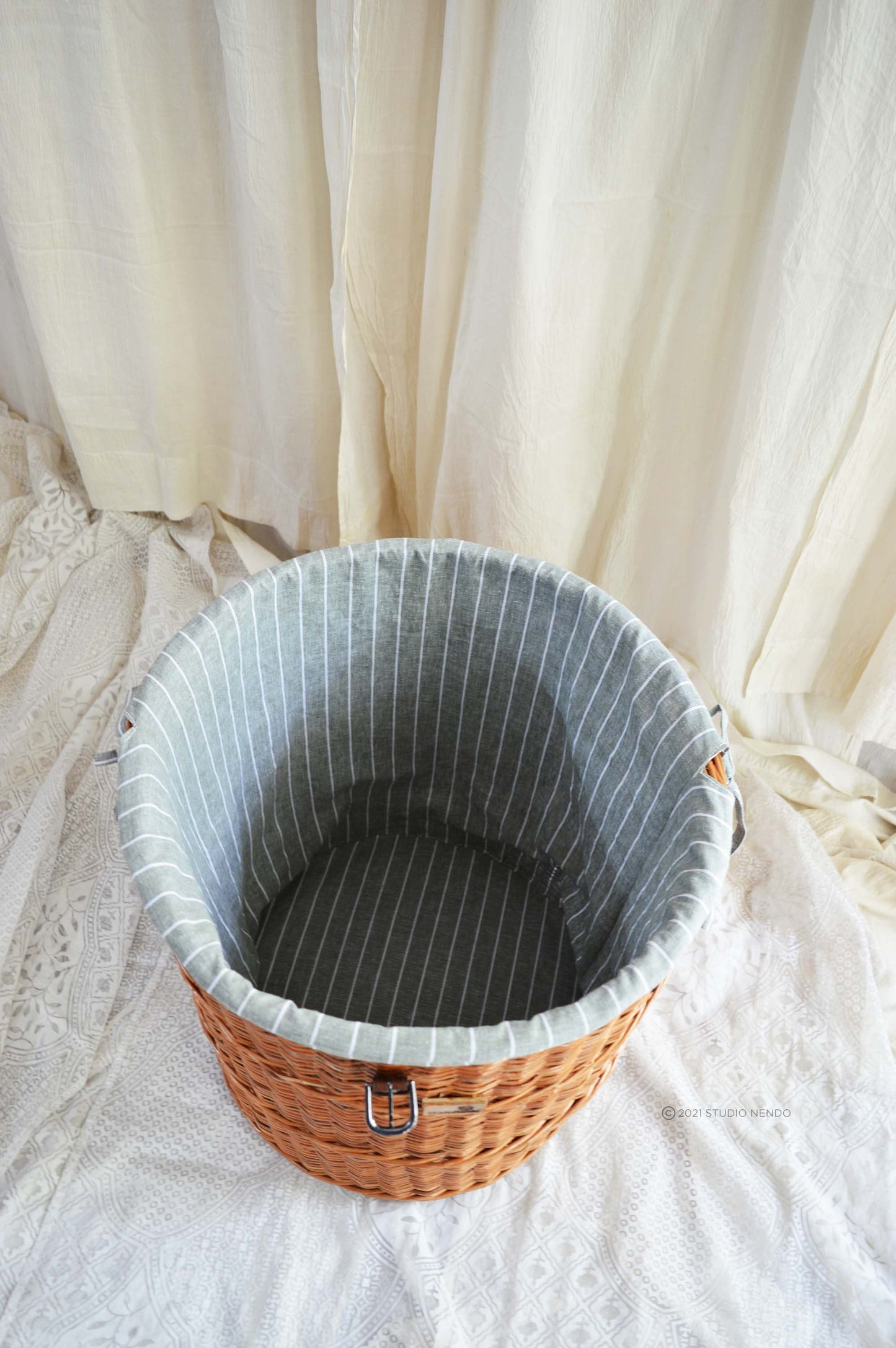Natural Wicker Round Laundry Basket- Large- Pinstripe Aqua Grey