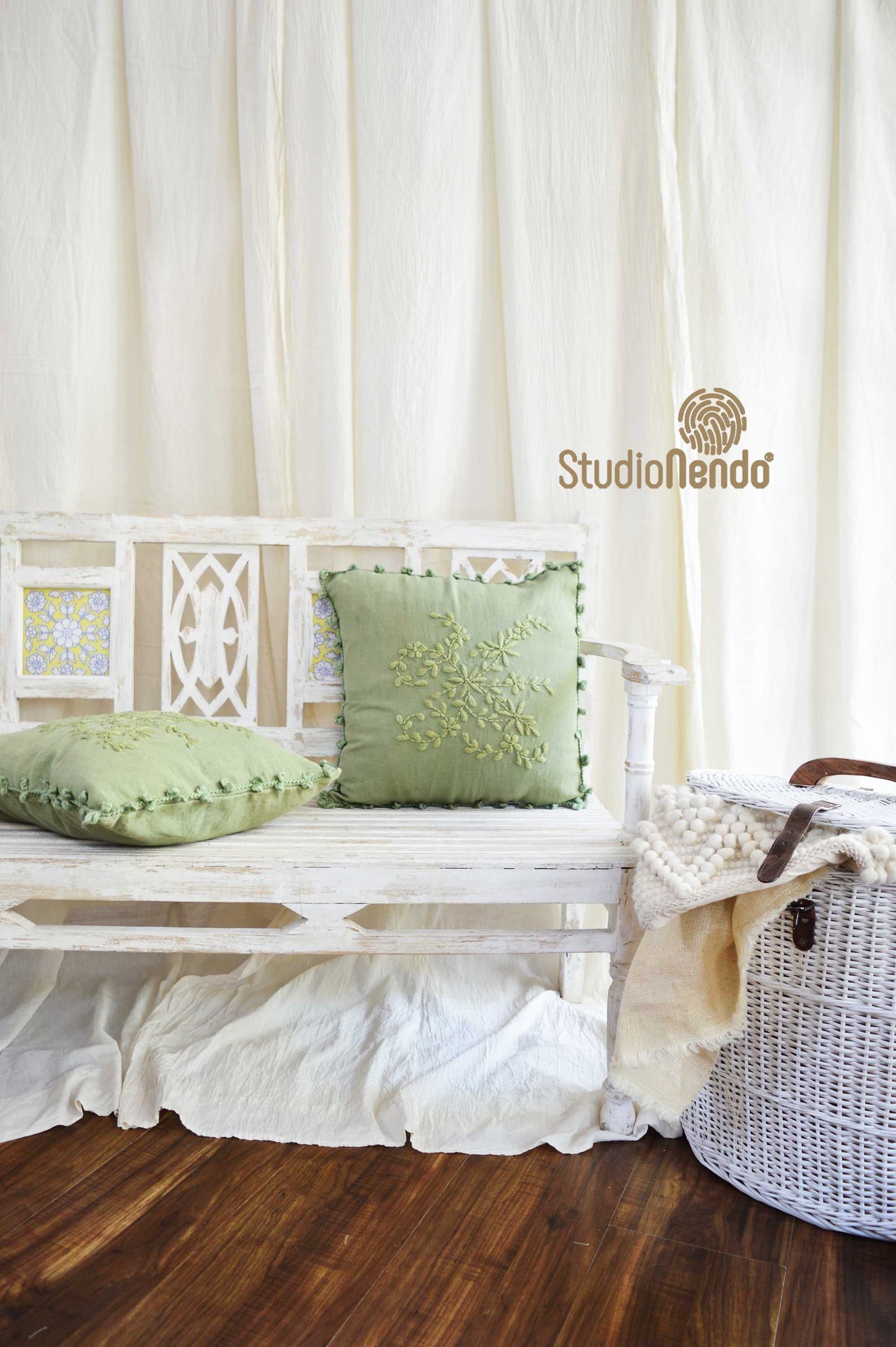 Hand embroidered Linen Cushion Cover- Olive Green