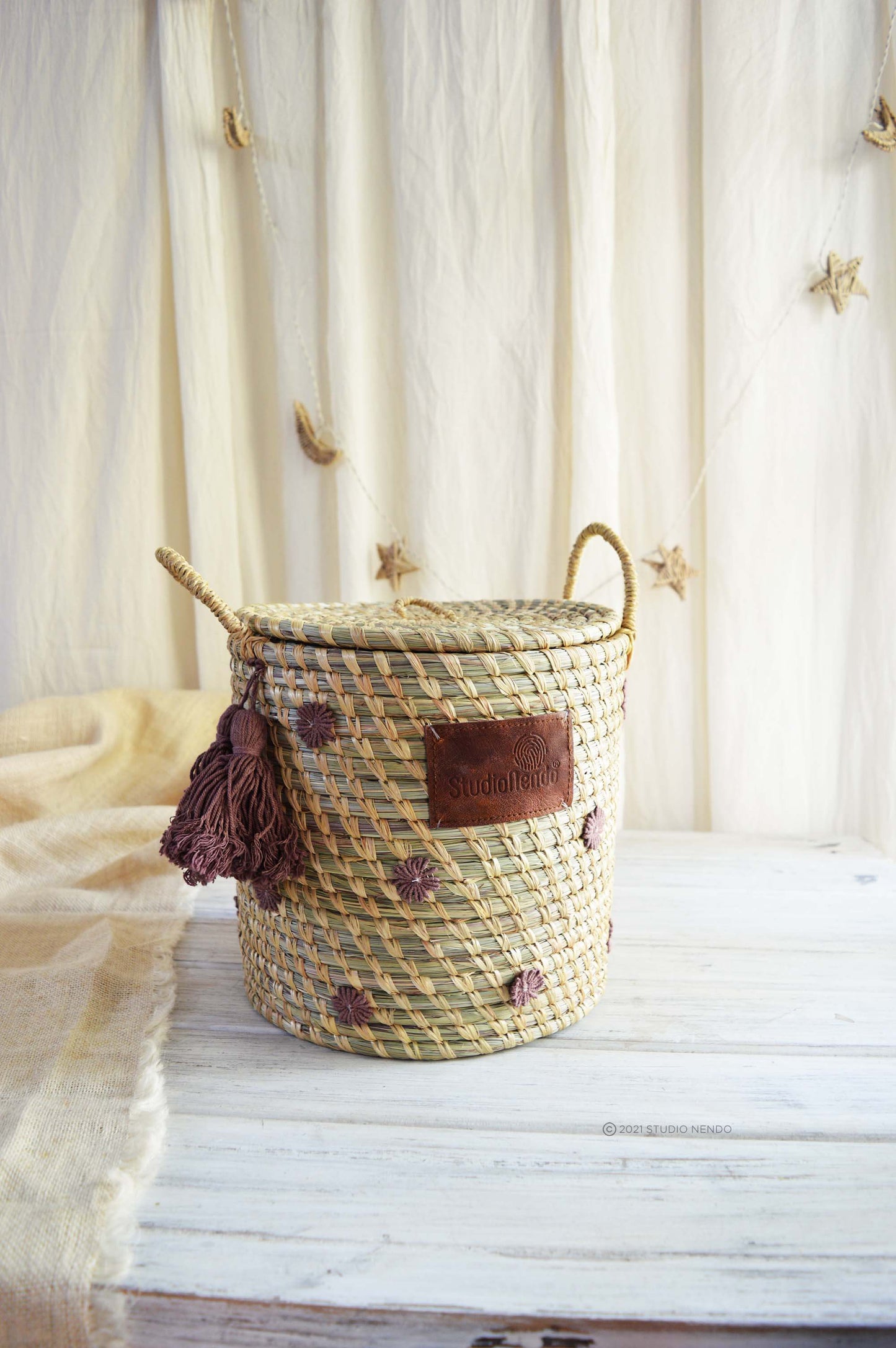 Moonj Grass Lidded Storage Basket- Dusty Lavender