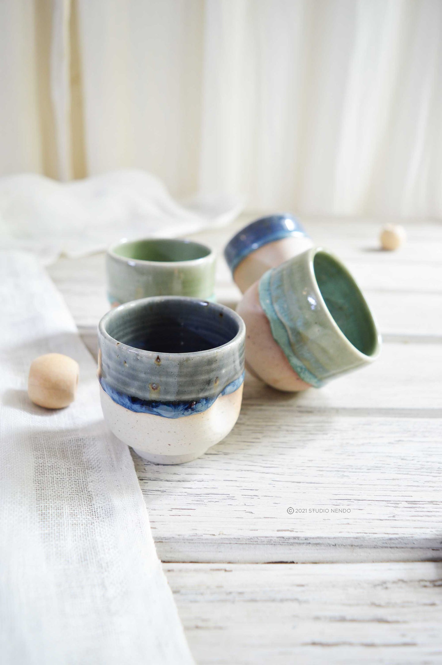 DENTED ESPRESSO CUP/SHOT GLASSES- MOTTLED GREEN & BLUE- SET OF 4