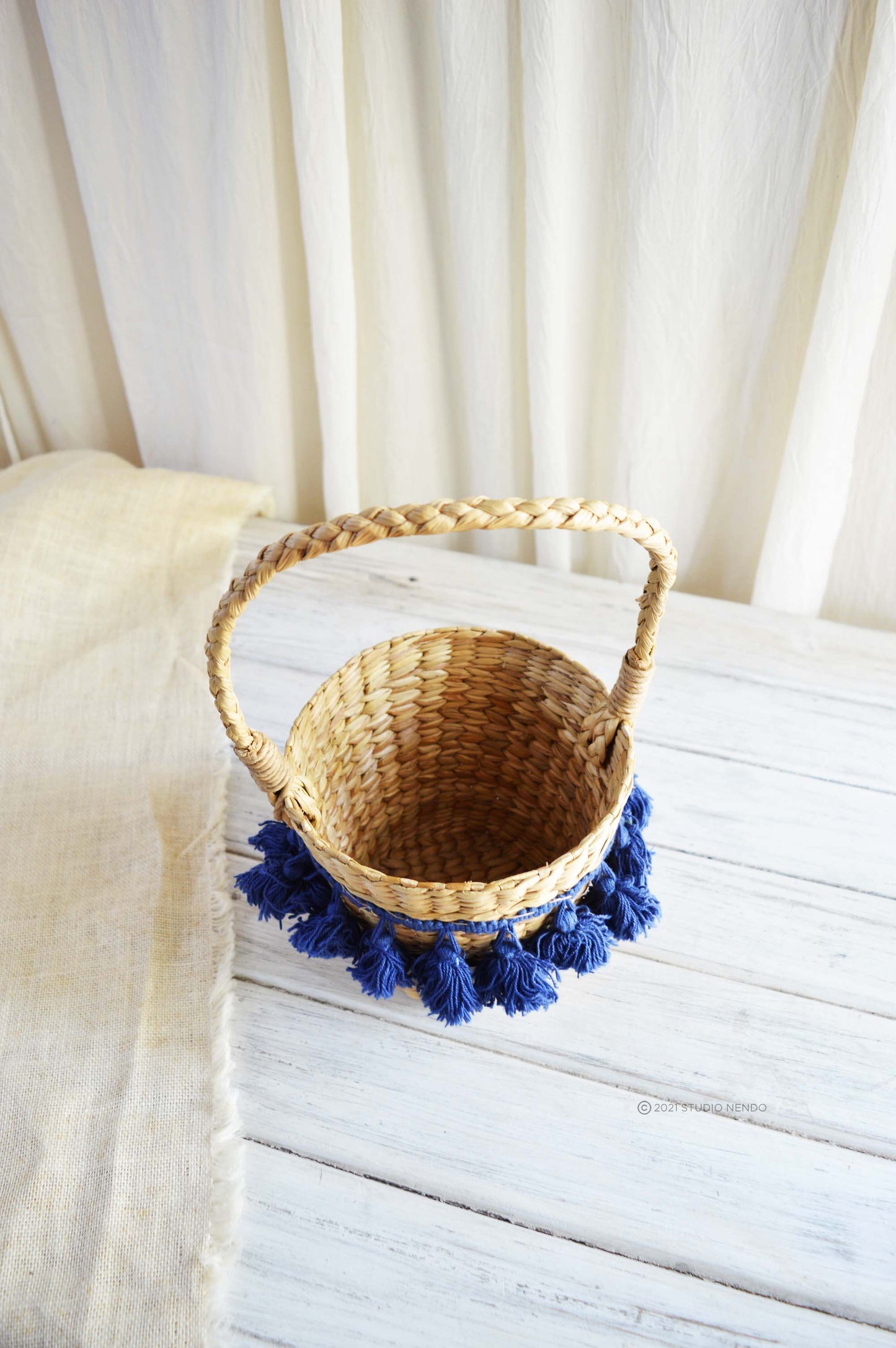 Sea Grass Bucket Basket- Navy Tassels