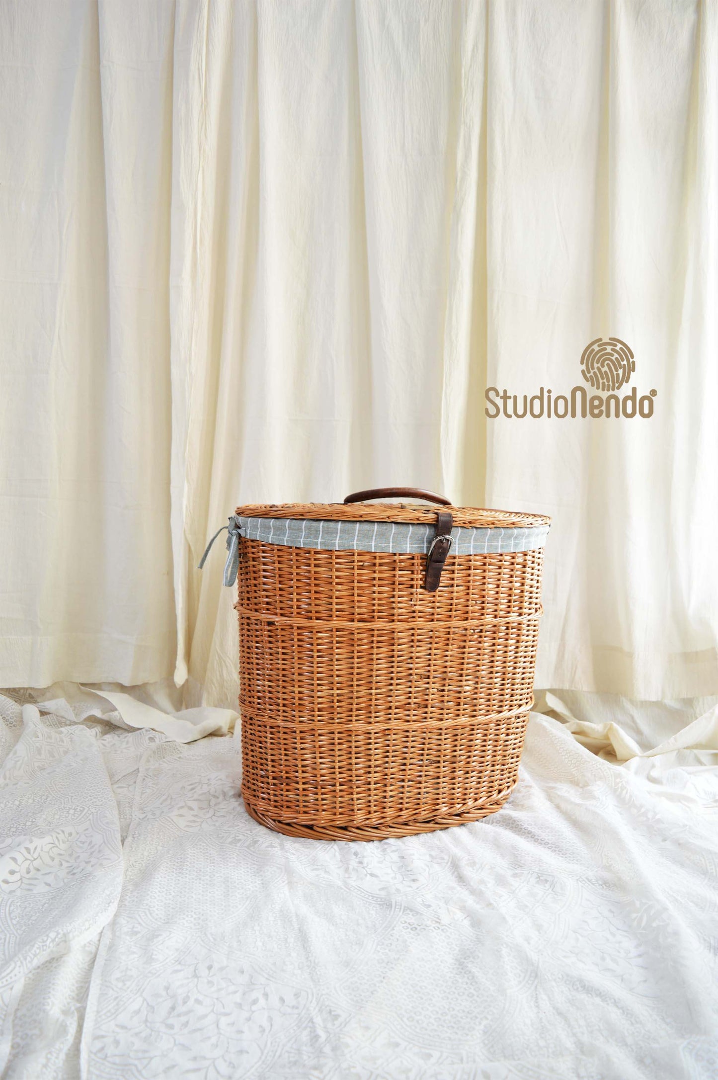 Natural Wicker Oval Laundry Basket- Large- Pinstripe Aqua Grey