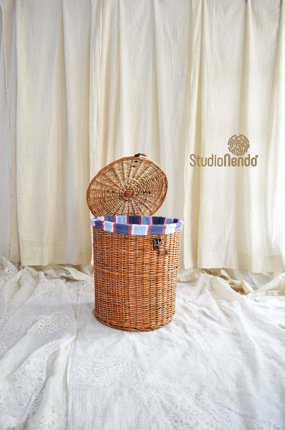 Natural Wicker Round Laundry Basket- Stripe