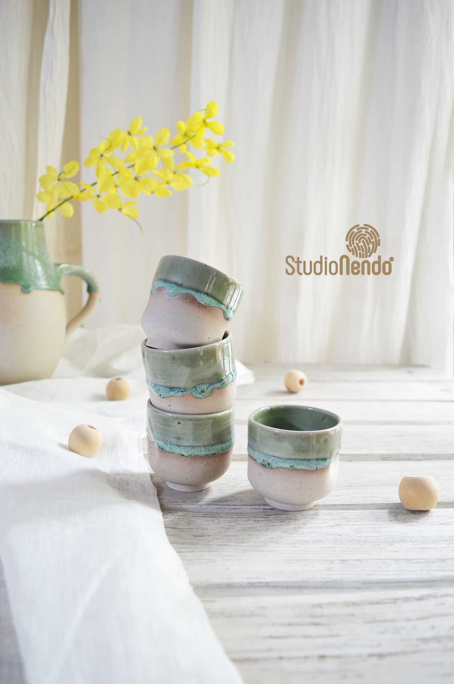 DENTED ESPRESSO CUP/SHOT GLASSES- MOTTLED GREEN- SET OF 4