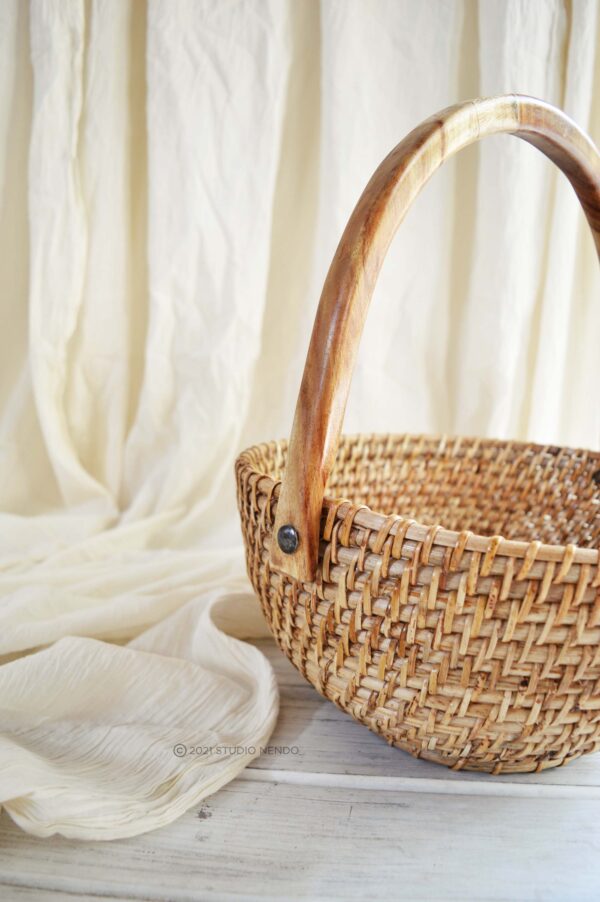 Cane Produce Basket with Wooden Handle