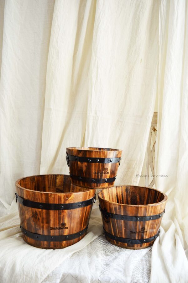 CHARRED WOOD BARREL PLANTER