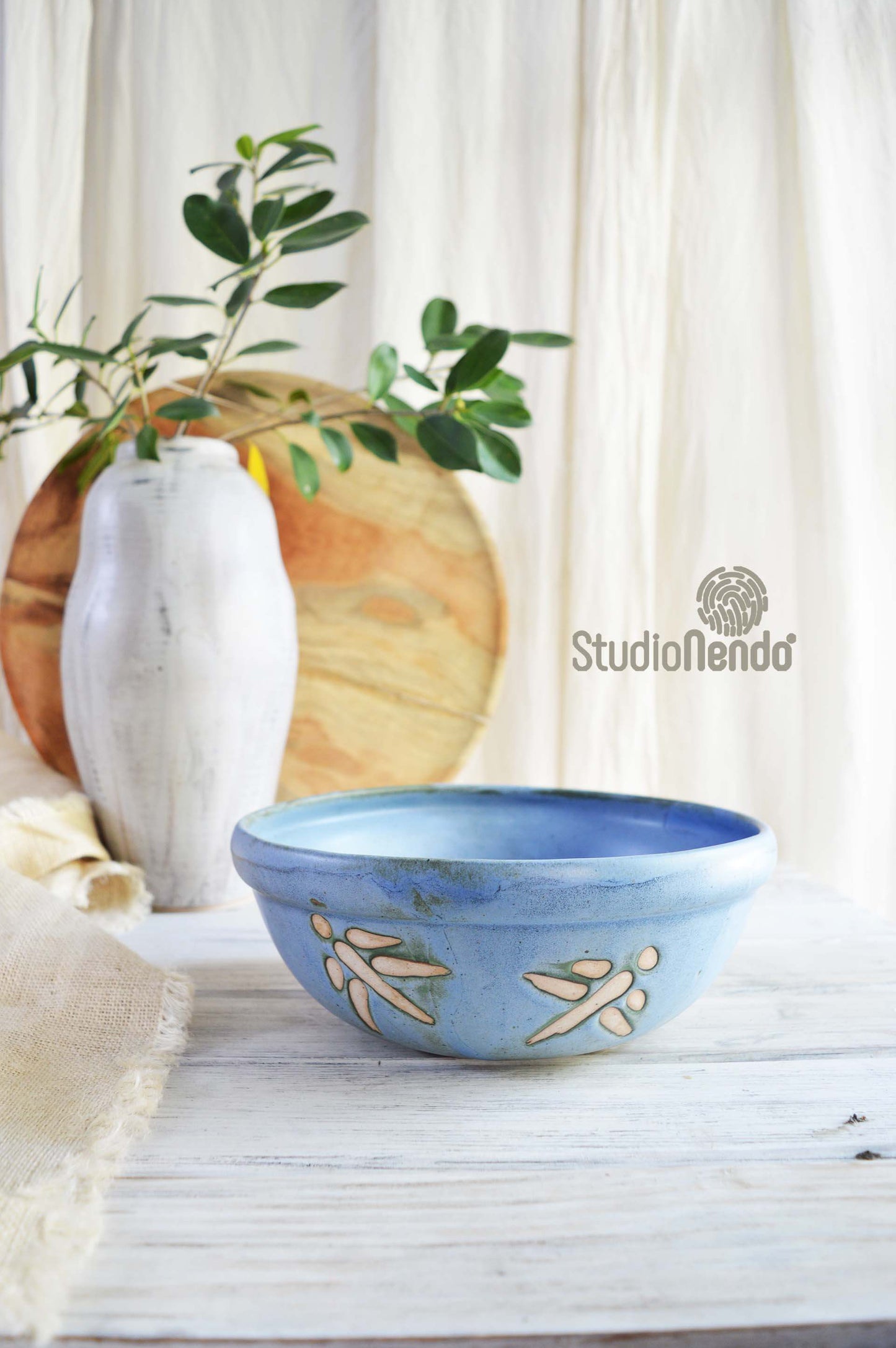 SALAD BOWL- LARGE- MATT BLUE WITH DRAGONFLY BRUSHWORK