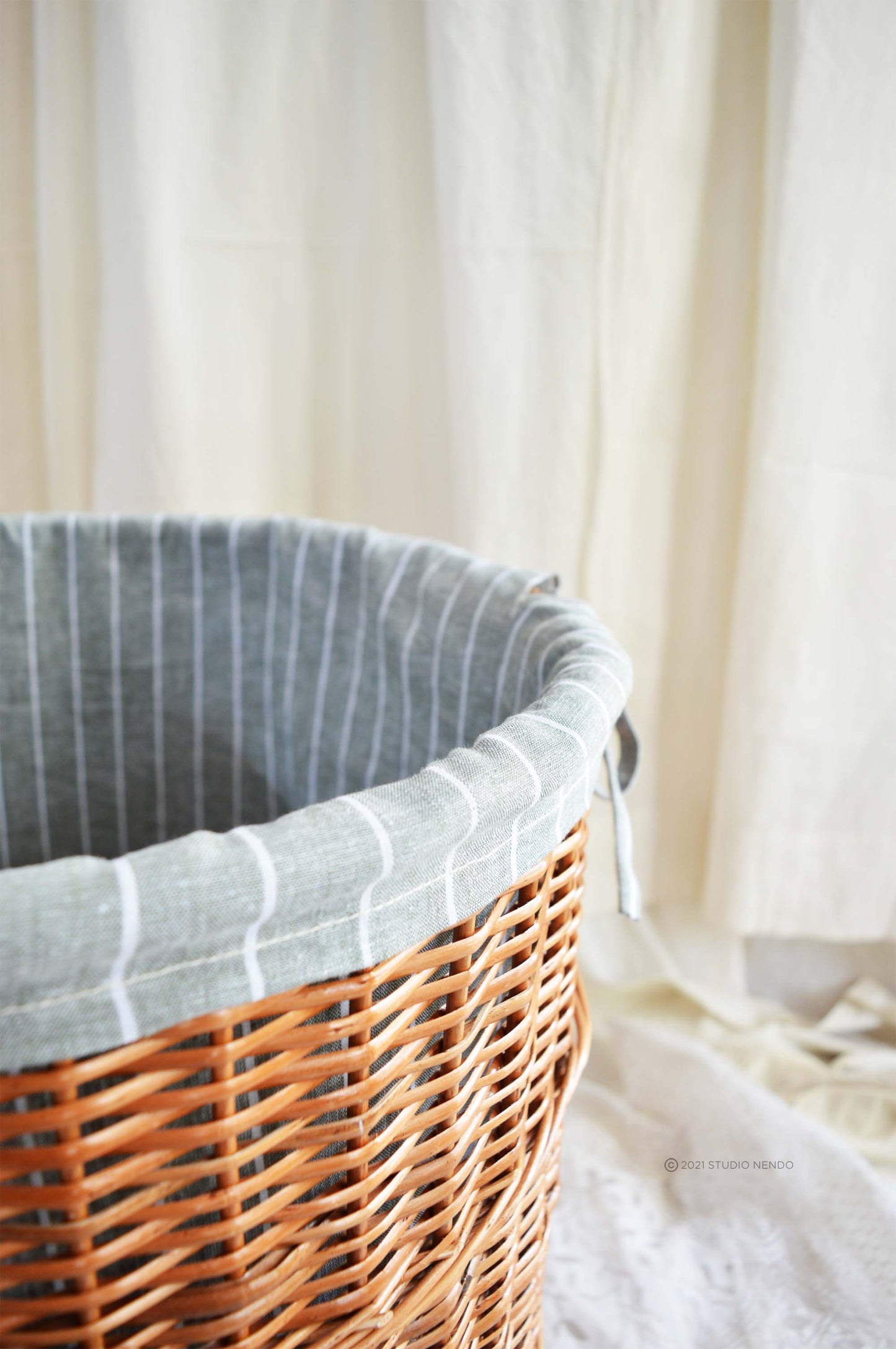 Natural Wicker Round Laundry Basket- Medium- Pinstripe Aqua Grey