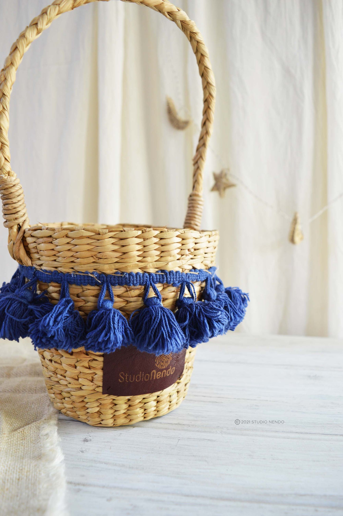 Sea Grass Bucket Basket- Navy Tassels