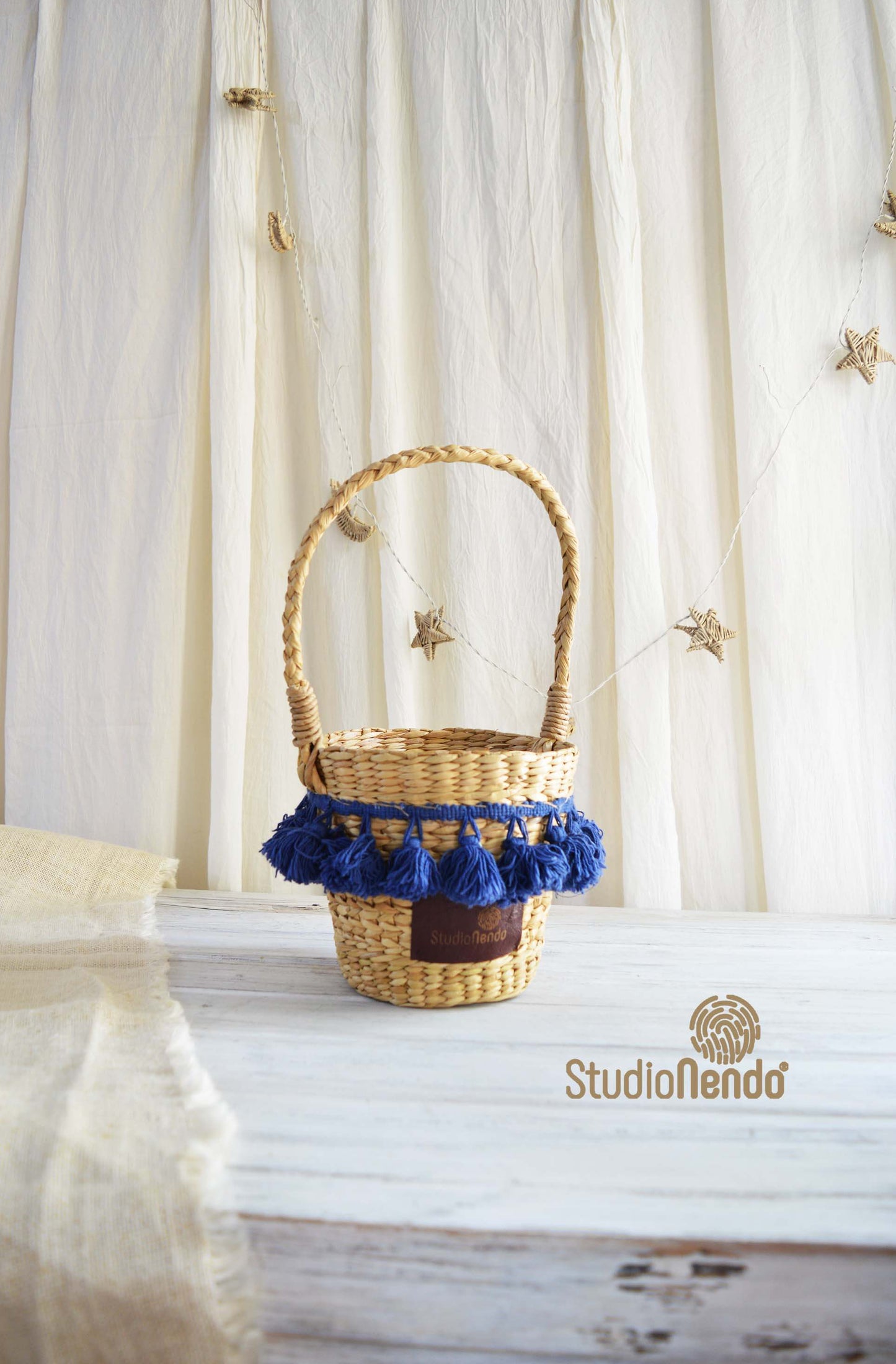 Sea Grass Bucket Basket- Navy Tassels