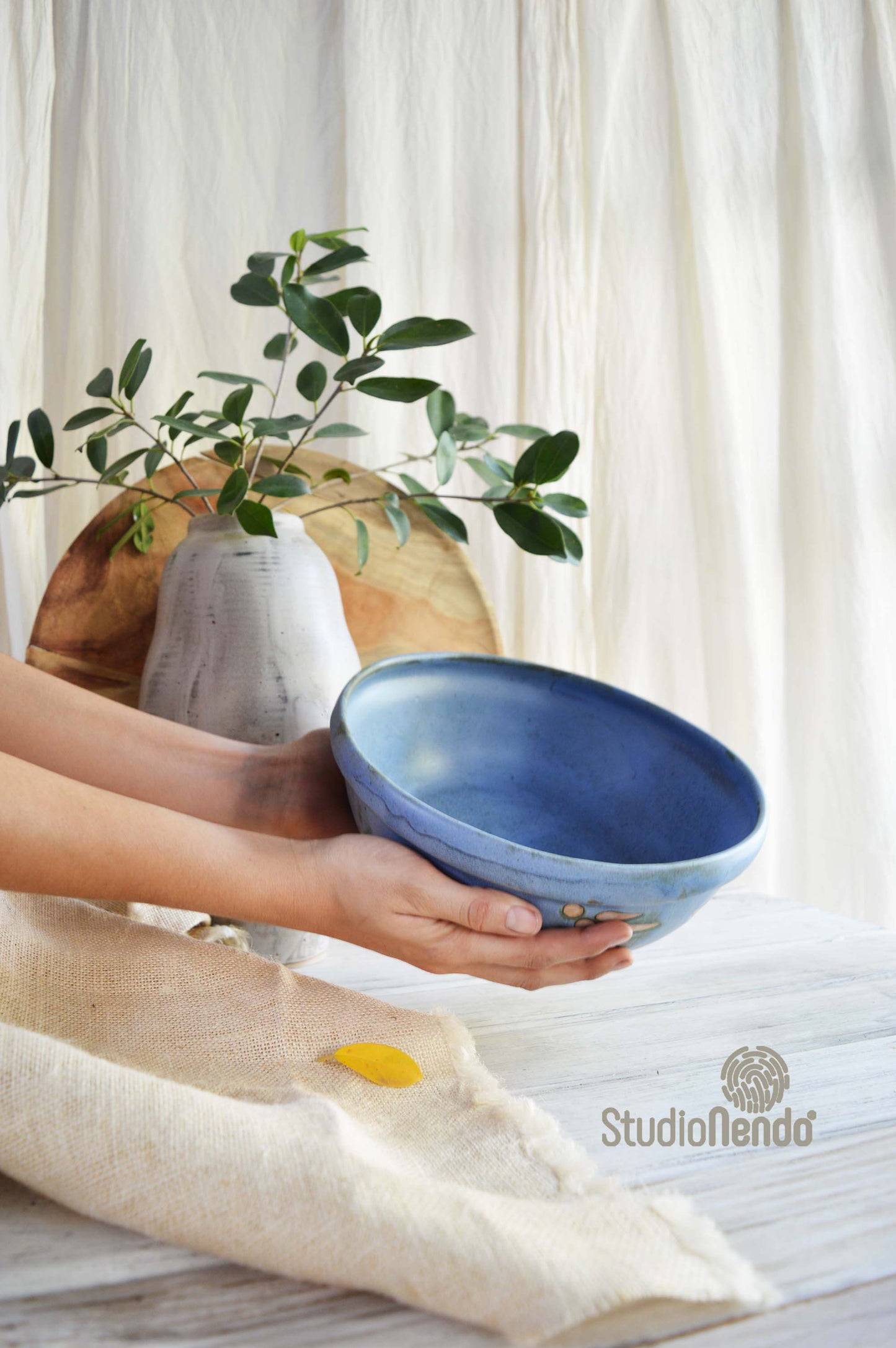 SALAD BOWL- LARGE- MATT BLUE WITH DRAGONFLY BRUSHWORK