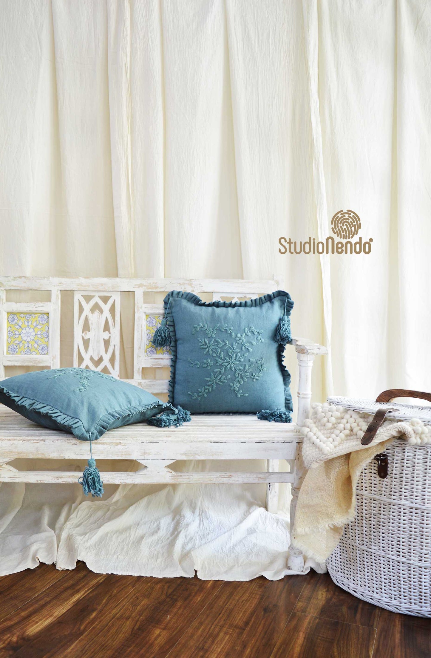 Hand embroidered Linen Cushion Cover- Indian Teal Blue