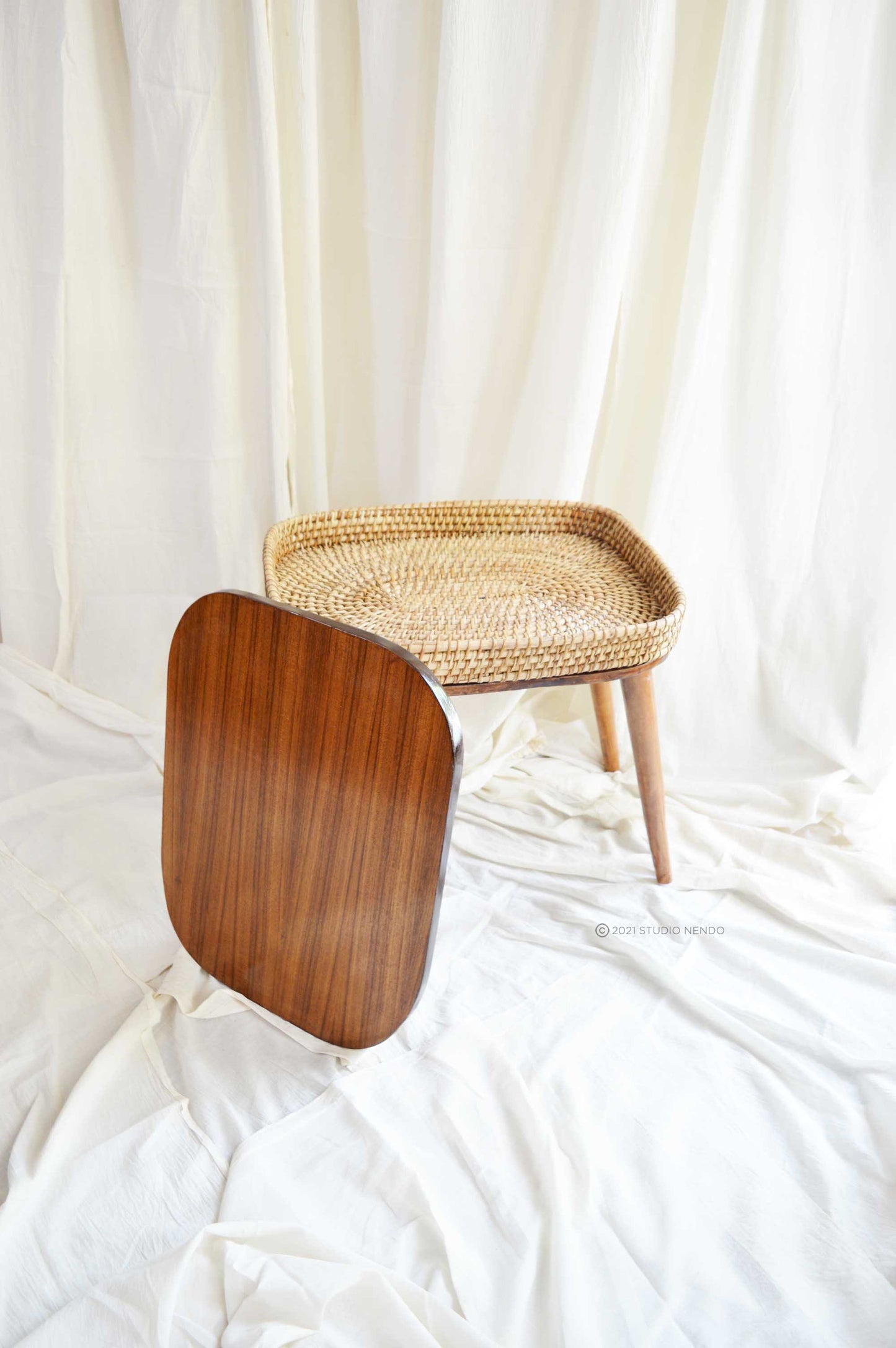 Standing Storage Basket/Laptop Table/Coffee table- Cane & Wood