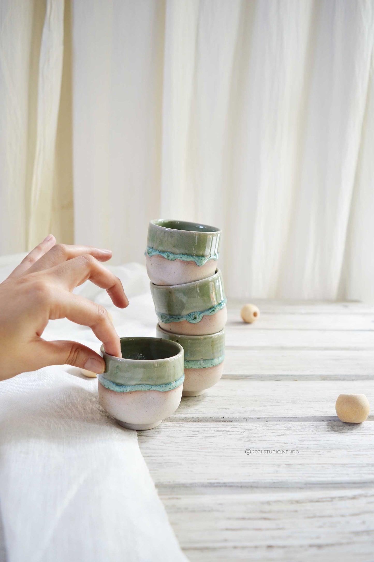 DENTED ESPRESSO CUP/SHOT GLASSES- MOTTLED GREEN- SET OF 4