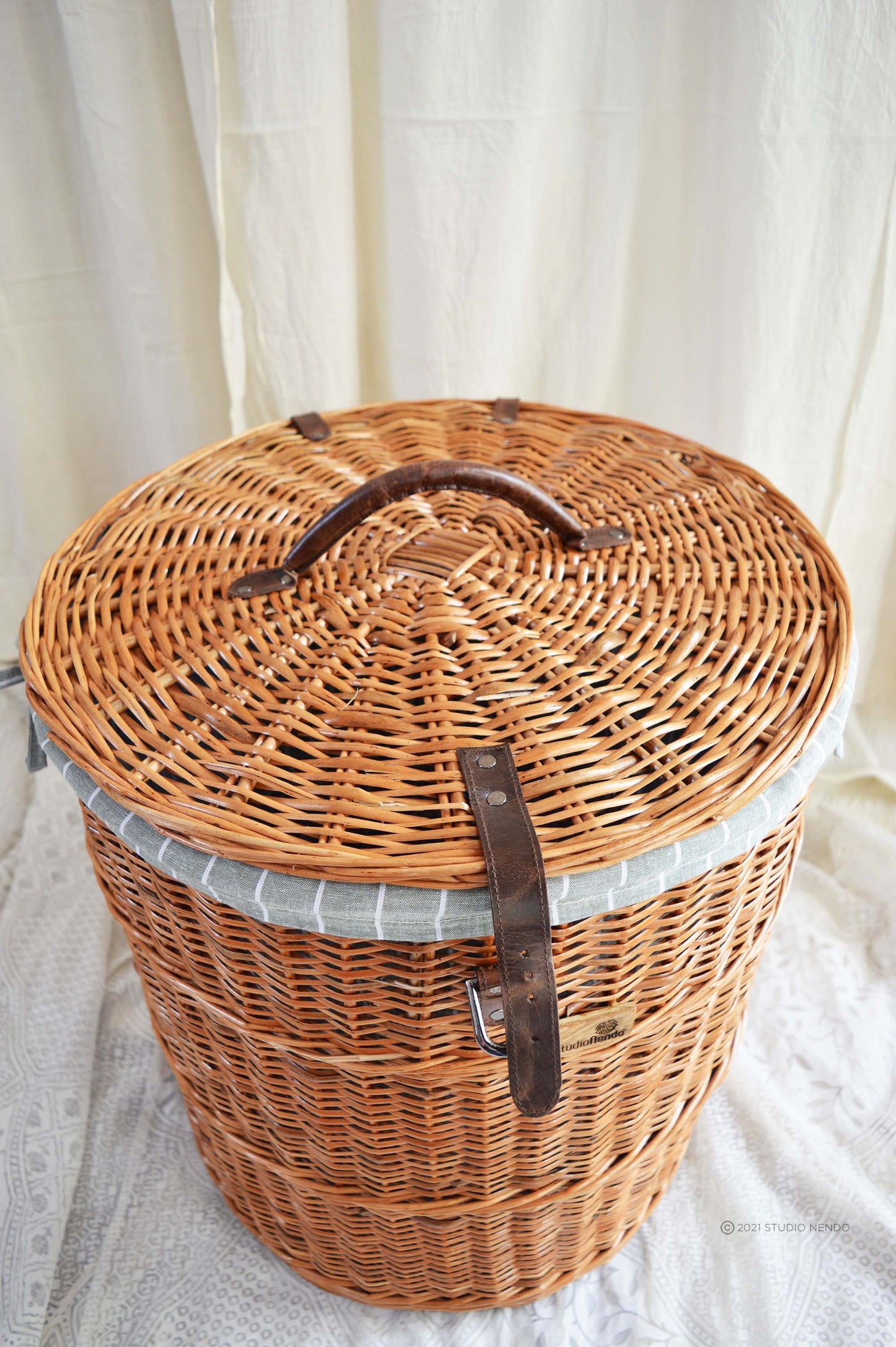 Natural Wicker Round Laundry Basket- Small- Pinstripe Aqua Grey