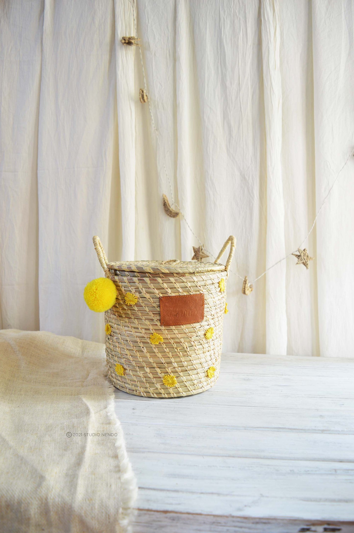 Moonj Grass Lided Storage Basket- Marigold Flowers