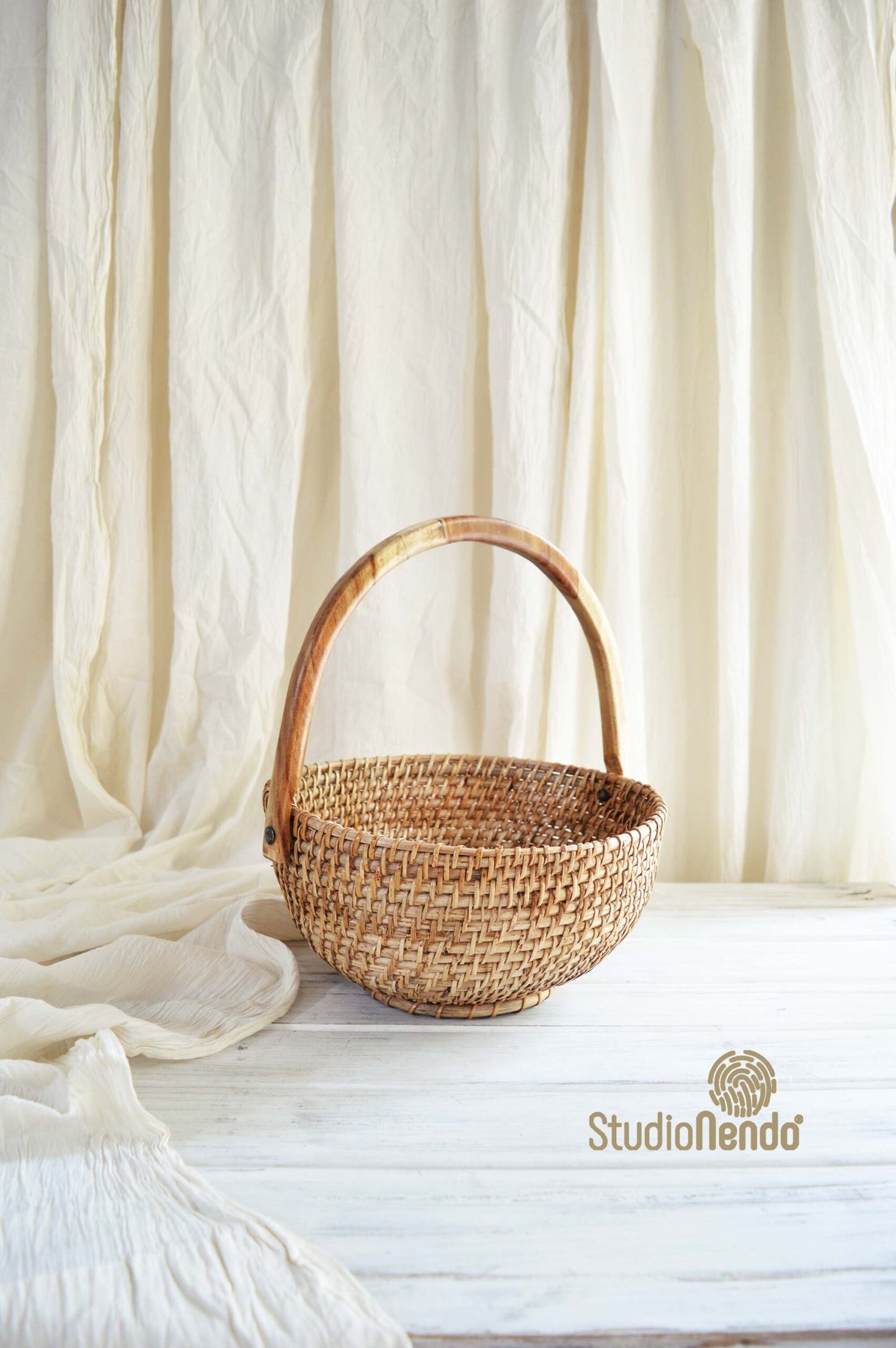 Cane Produce Basket with Wooden Handle