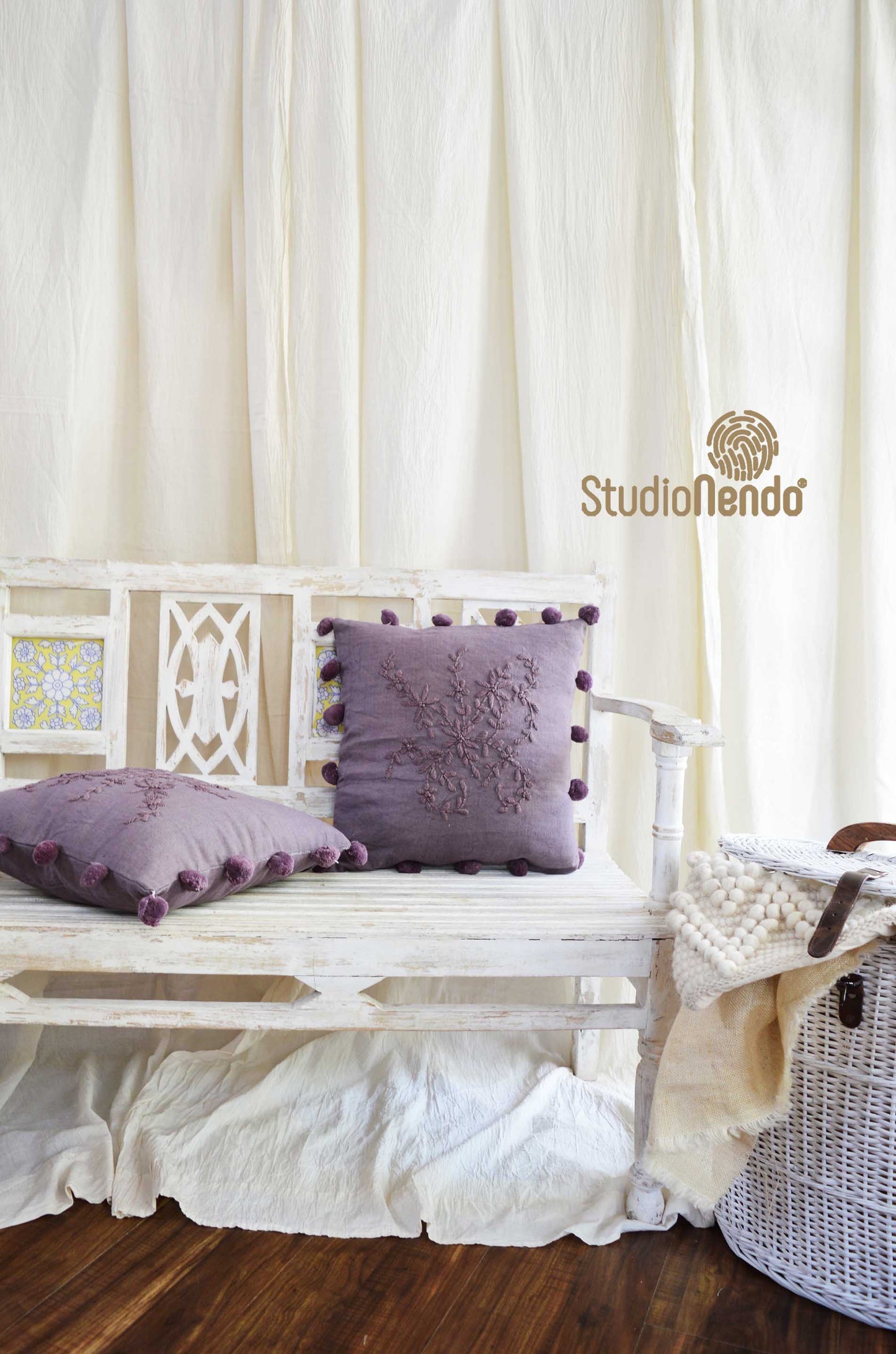 Hand embroidered Linen Cushion Cover- Wineberry Purple