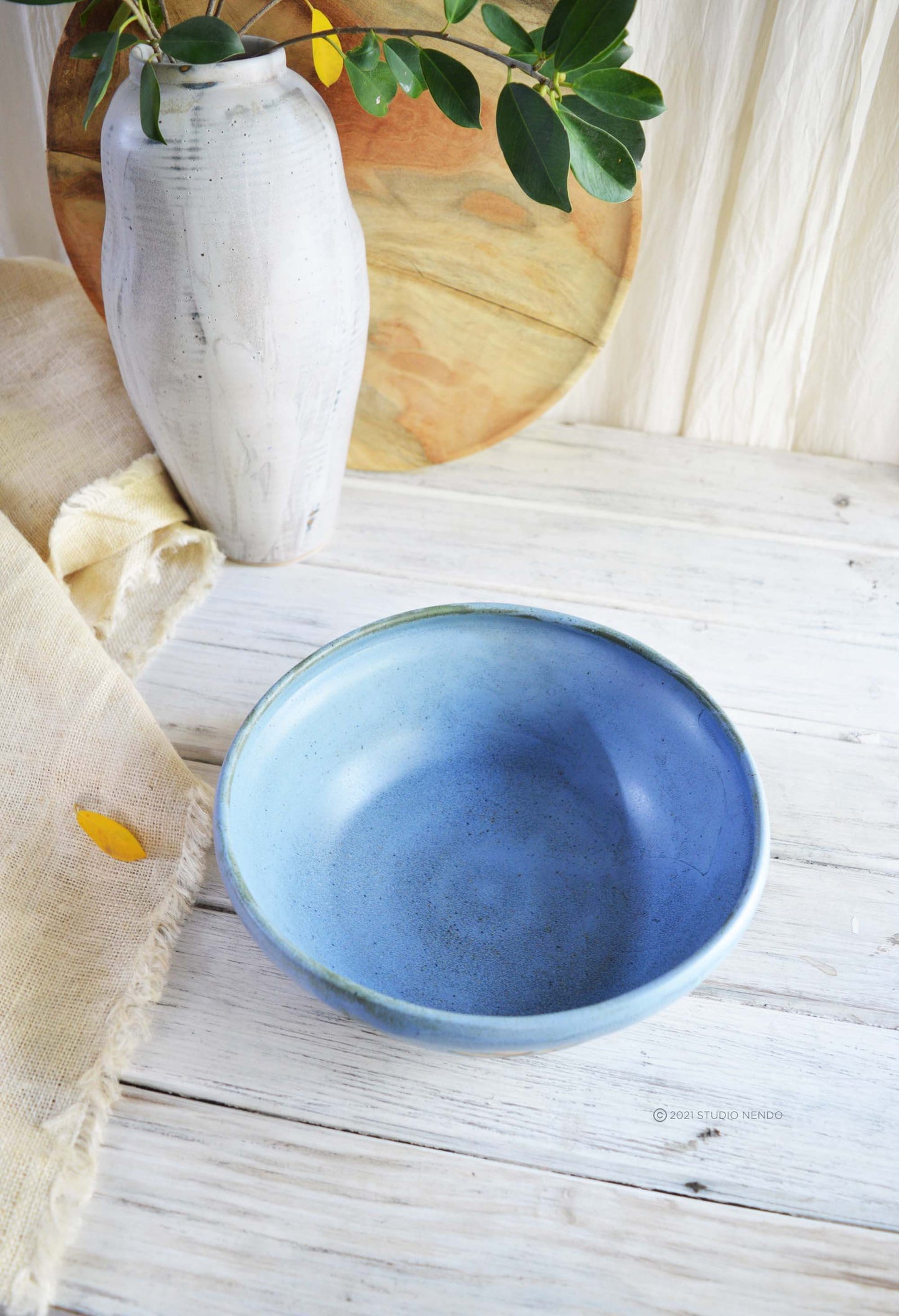 SALAD BOWL- LARGE- MATT BLUE WITH DRAGONFLY BRUSHWORK