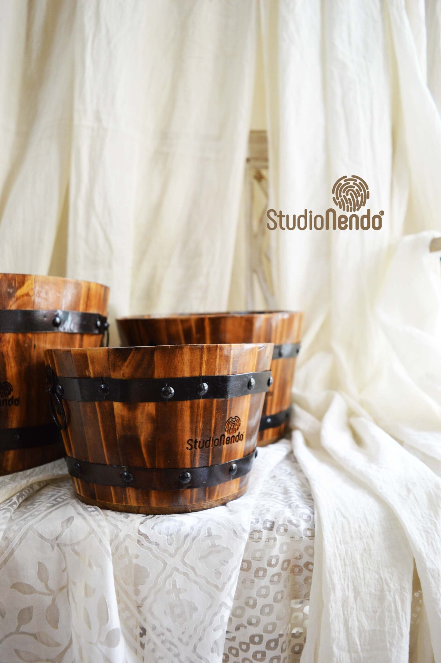 CHARRED WOOD BARREL PLANTER