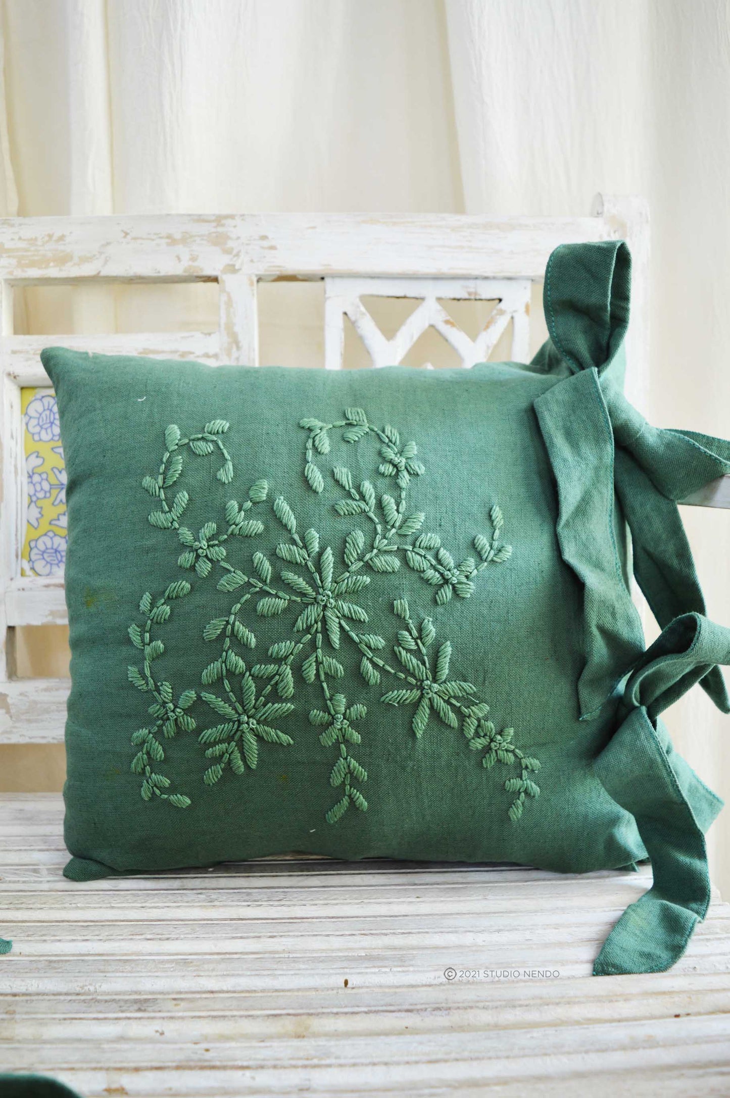 Hand embroidered Linen Cushion Cover- Amazon Green