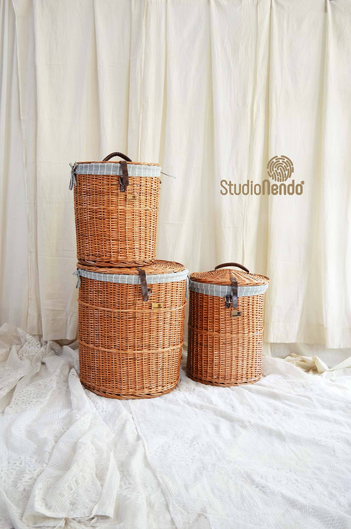 Natural Wicker Round Laundry Basket- Small- Pinstripe Aqua Grey