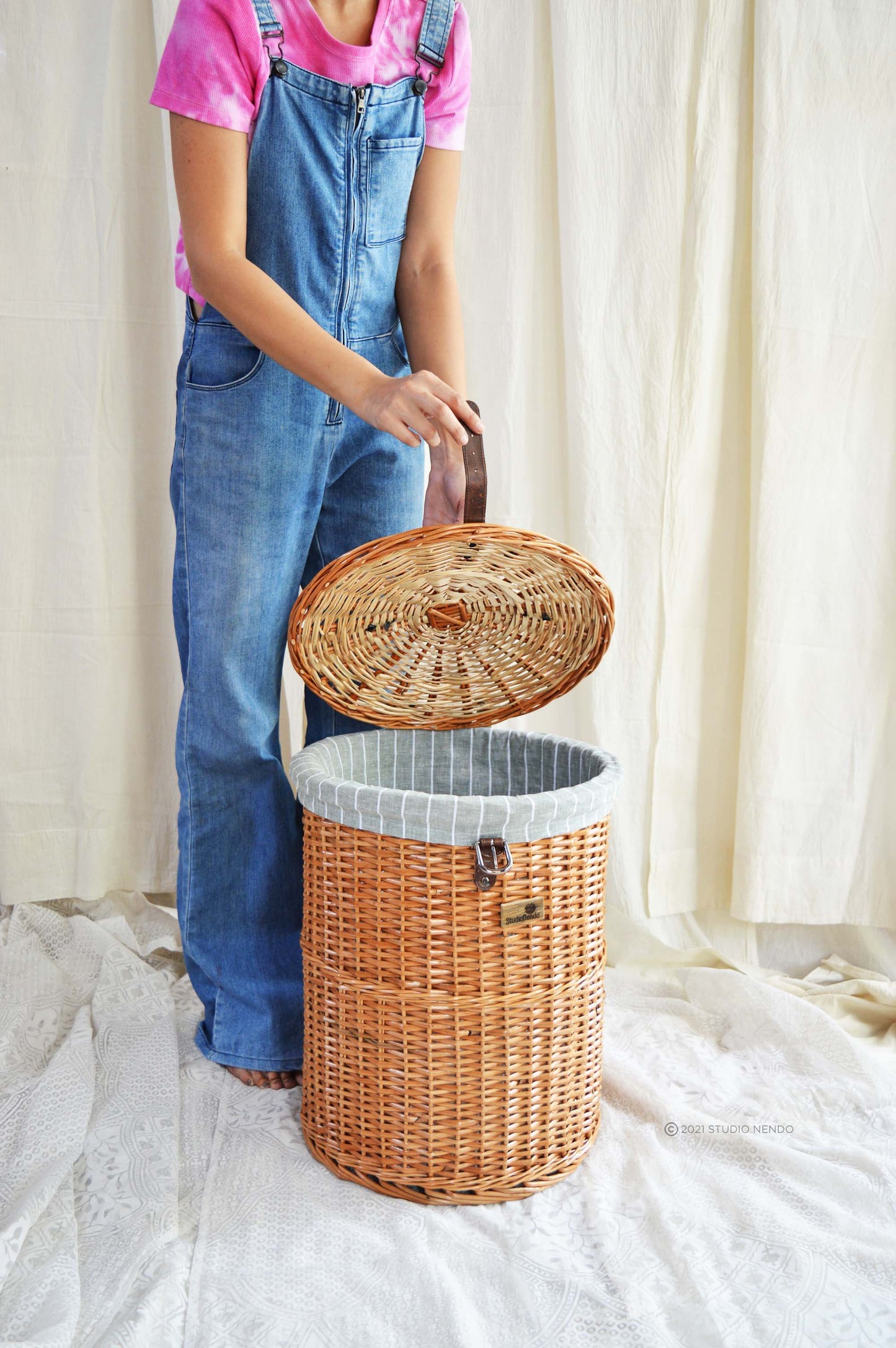 Natural Wicker Round Laundry Basket- Medium- Pinstripe Aqua Grey