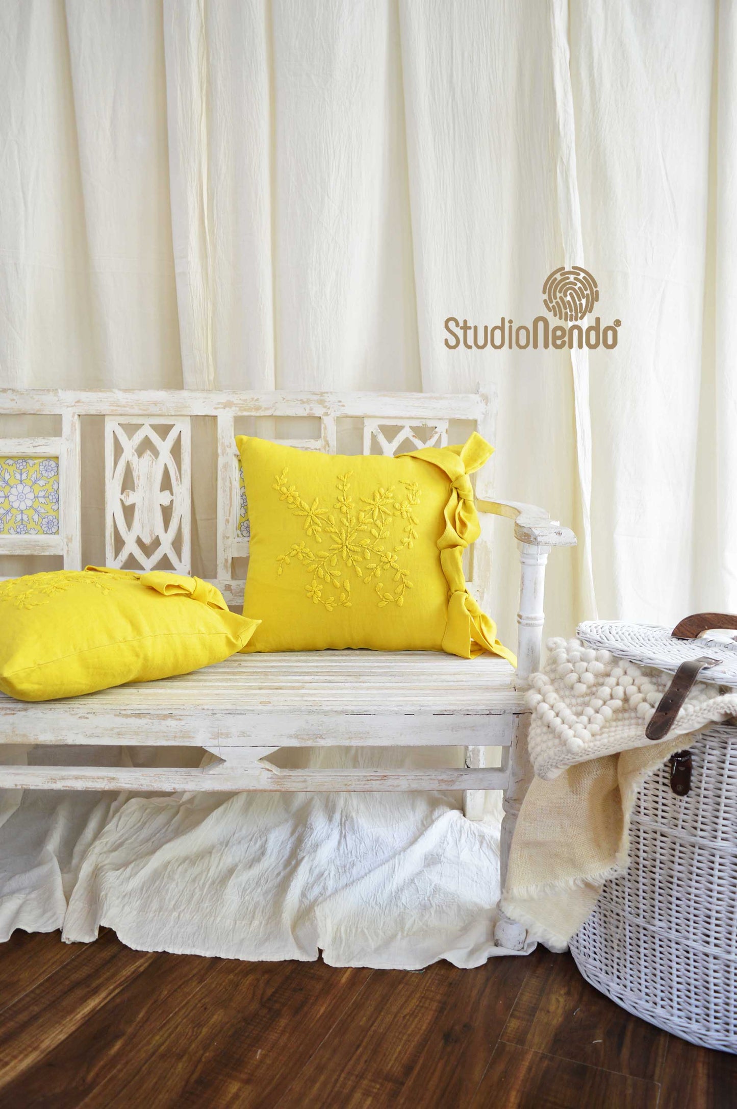 Hand embroidered Linen Cushion Cover- Sunshine Yellow