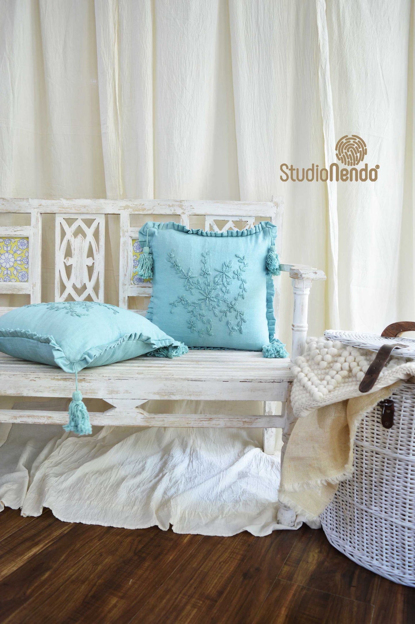 Hand embroidered Linen Cushion Cover- Cool Sky Blue