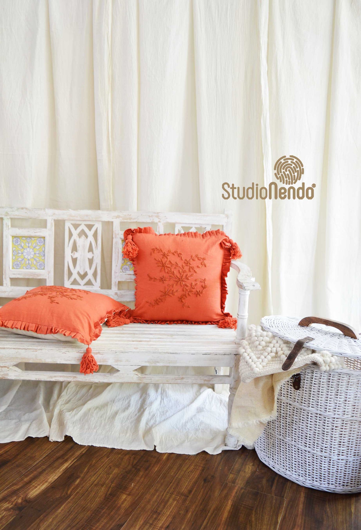 Hand embroidered Linen Cushion Cover- Terracotta Red