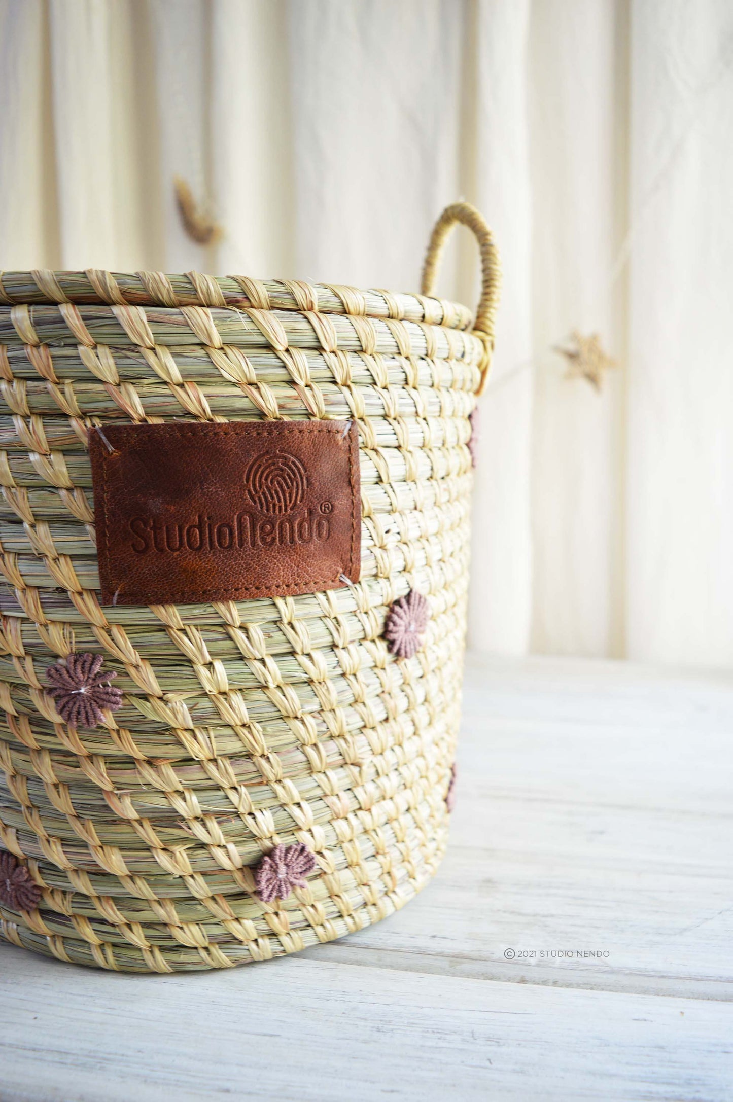 Moonj Grass Lidded Storage Basket- Dusty Lavender