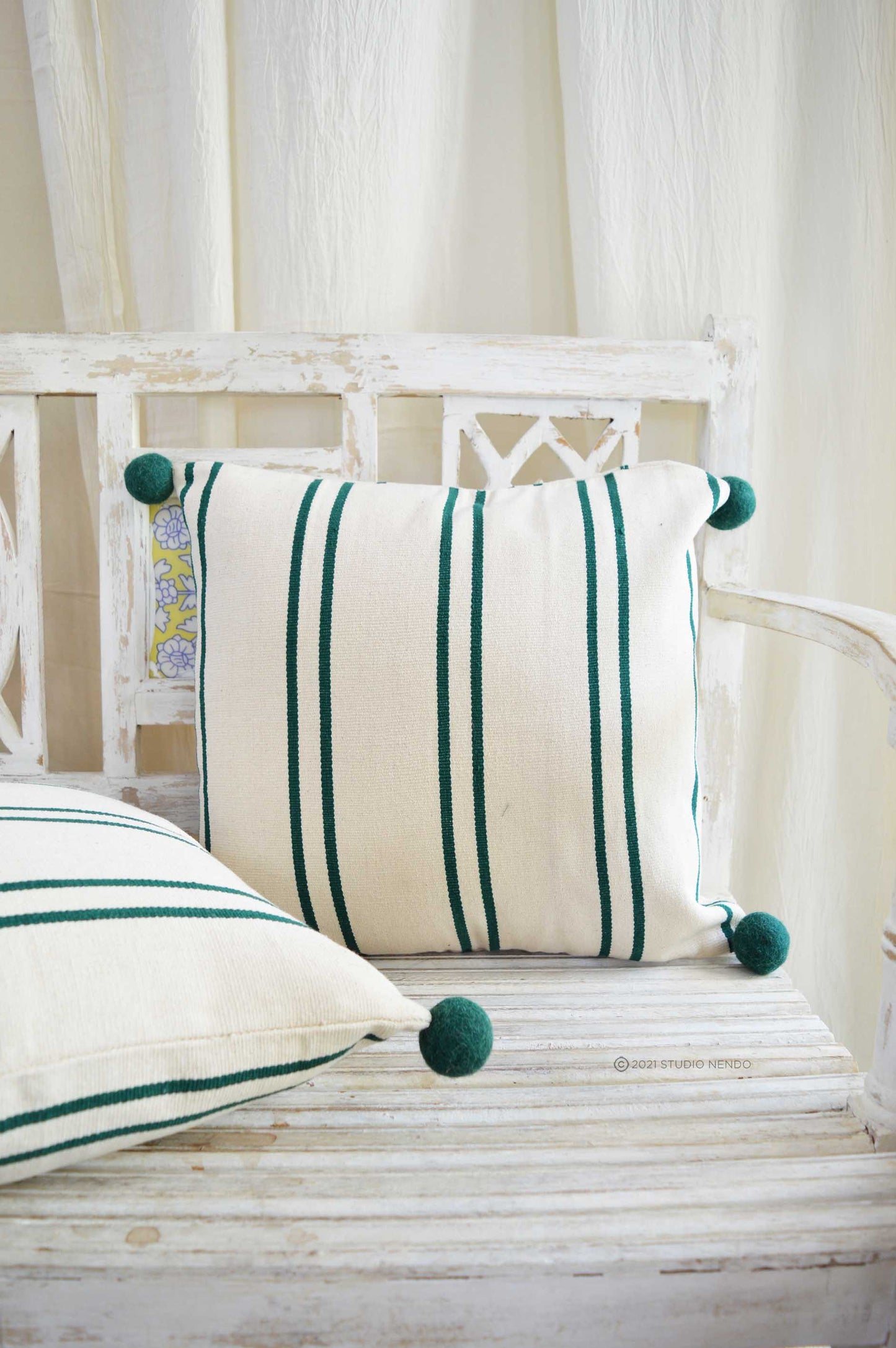 HANDMADE JACQUARD CUSHION COVER- STRIPED AMAZON GREEN