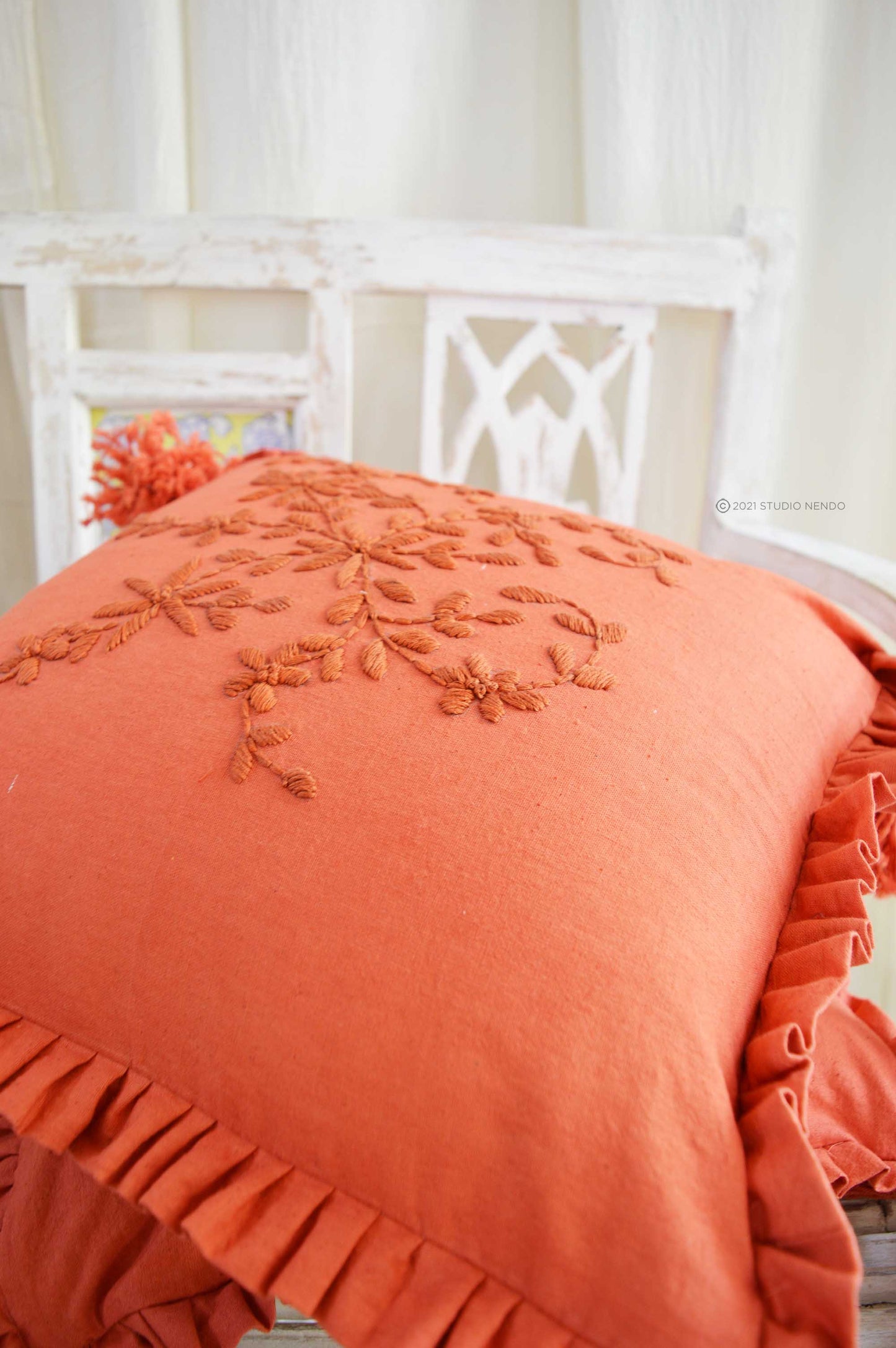 Hand embroidered Linen Cushion Cover- Terracotta Red