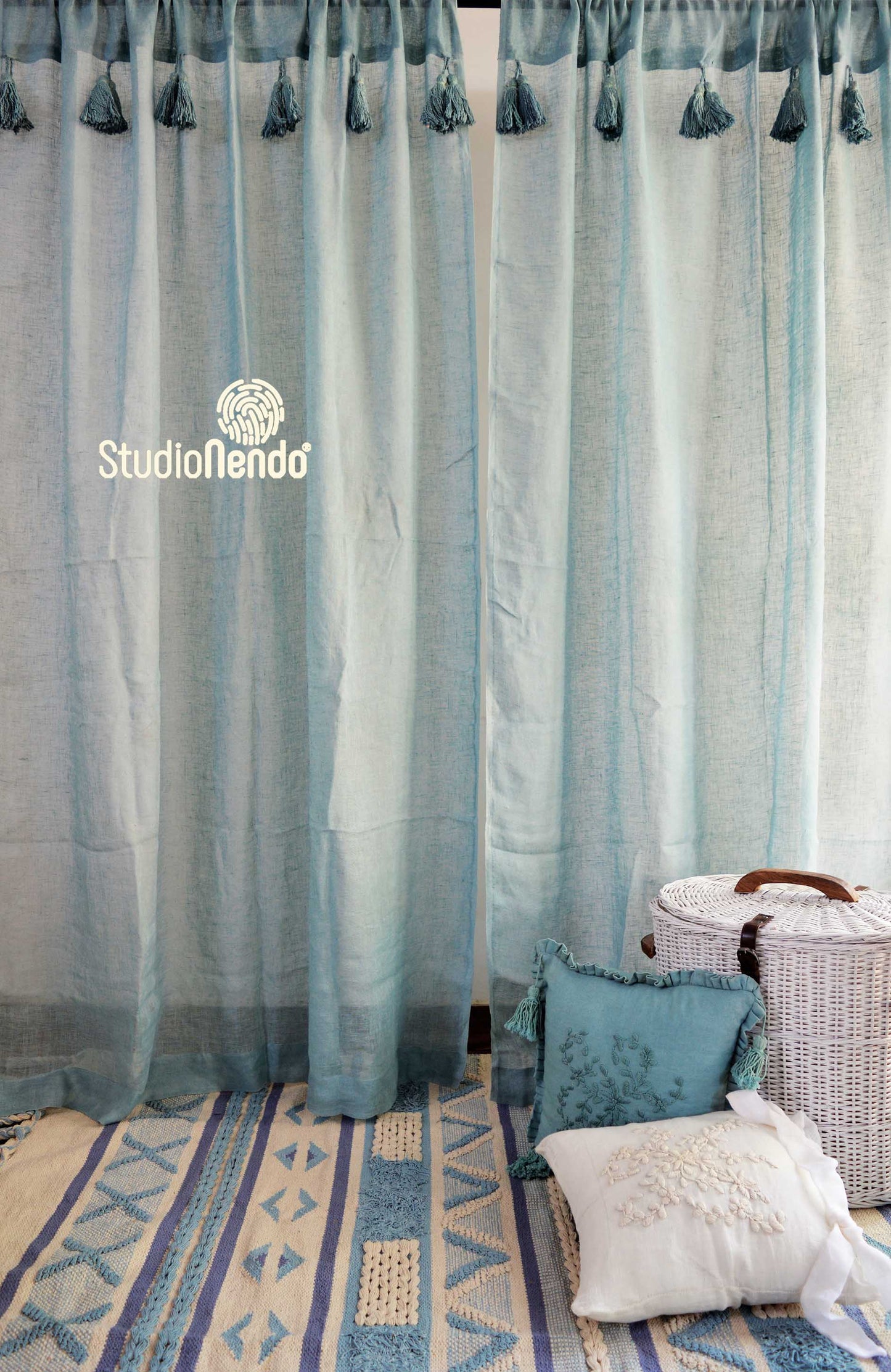 Handmade Linen Sheer Curtain- Cool Sky Blue