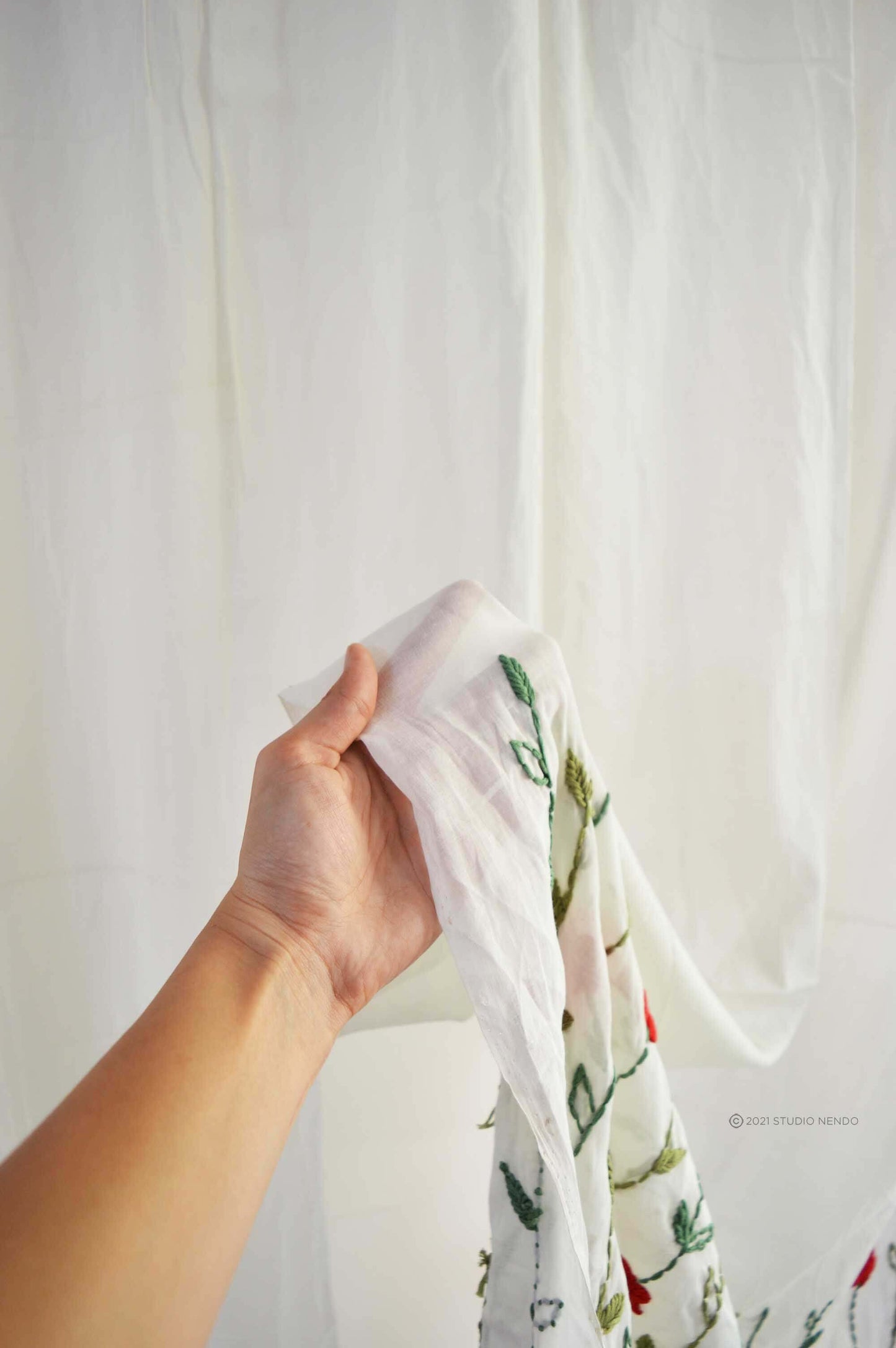 Hand embroidered Mulmul Curtain- Flowering Meadow series- Poppy