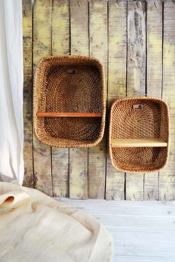 Rectangular Cane & Wood Shelf- Large
