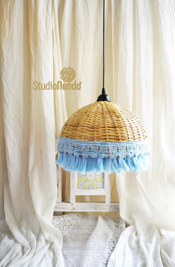 HANDWOVEN CANE PENDANT LIGHT (MEDIUM)- CERULEAN BLUE