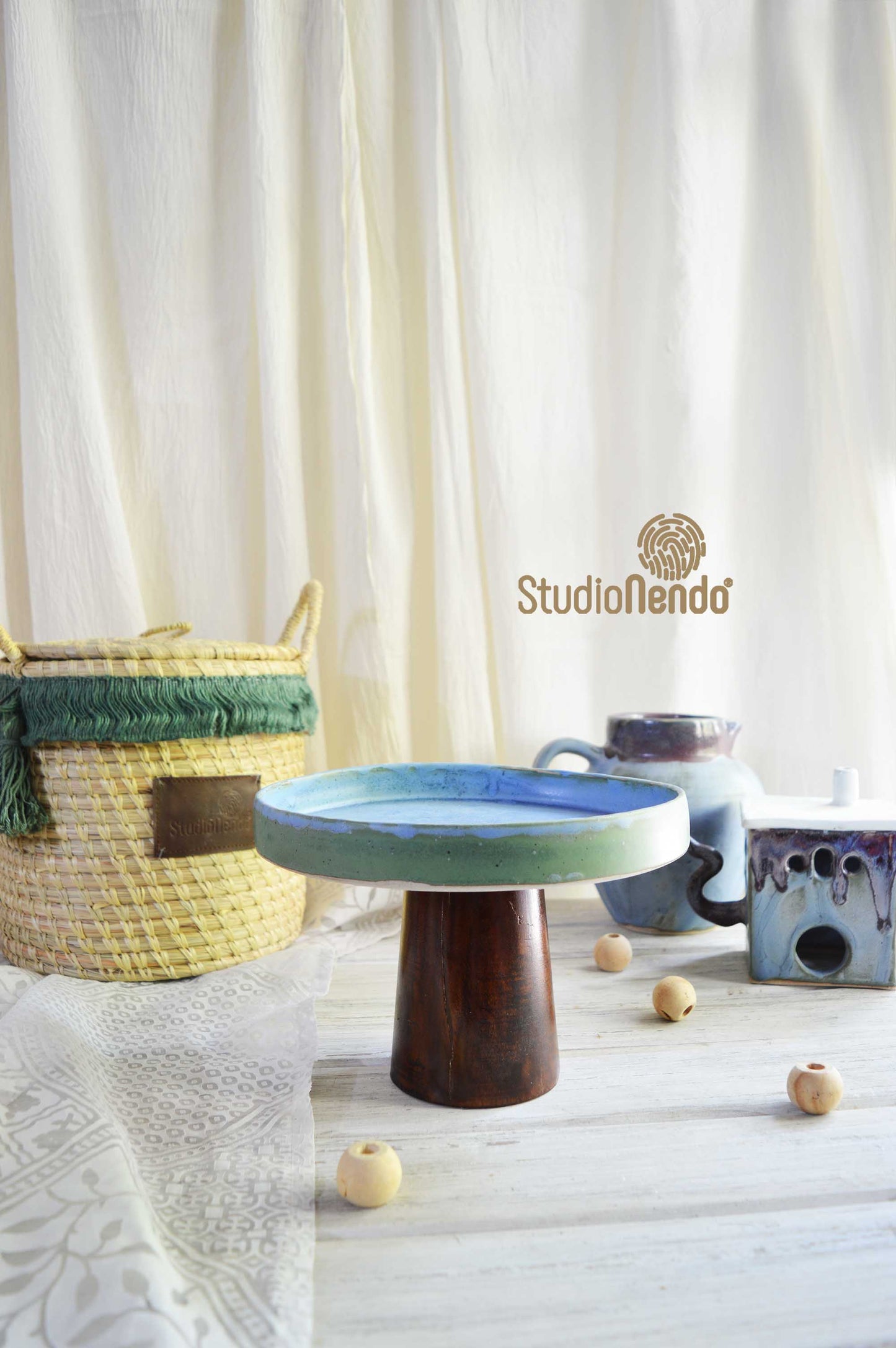 CAKE STAND- TEXTURED MATT BLUE/GREEN
