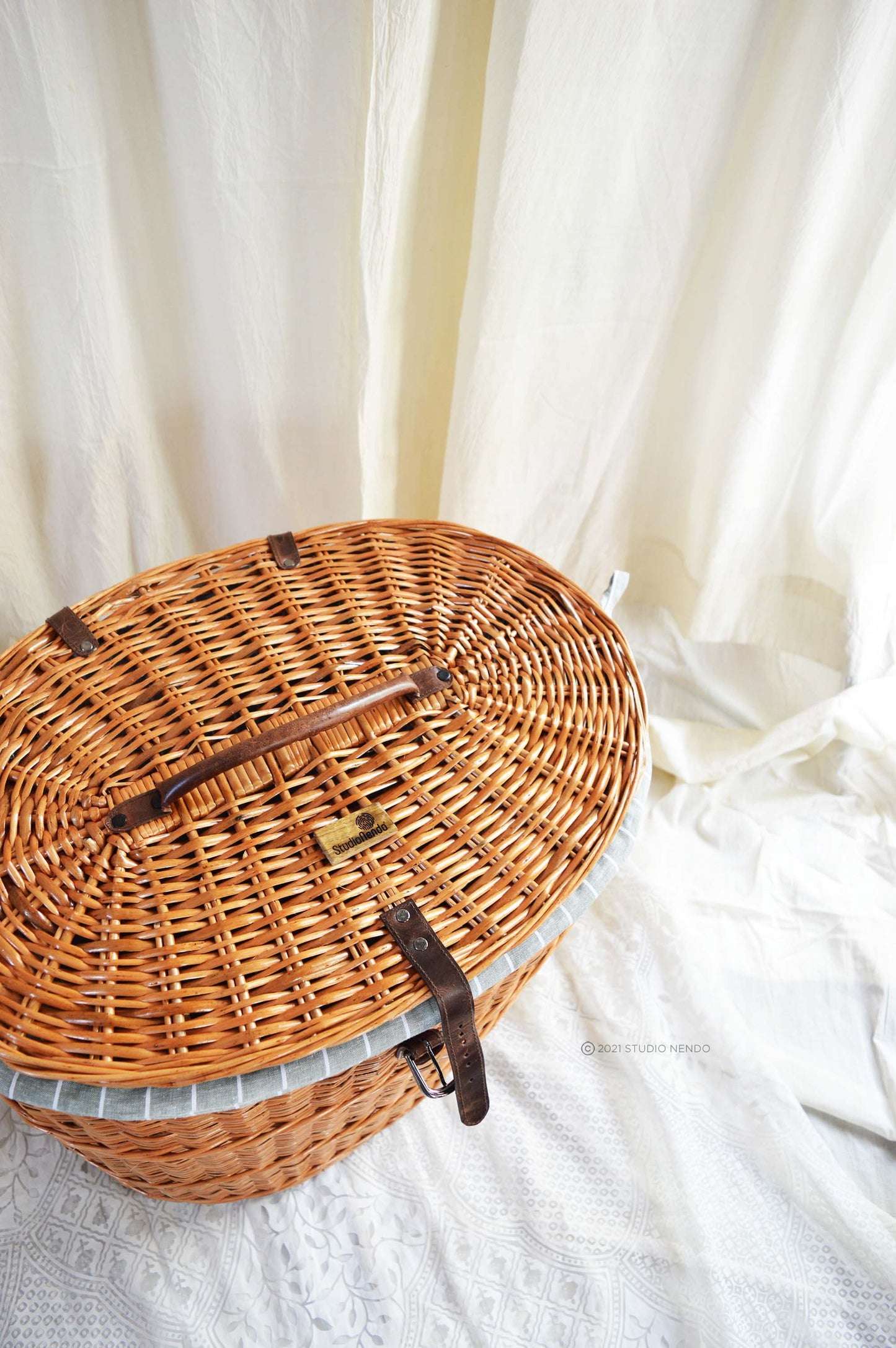 Natural Wicker Oval Laundry Basket- Large- Pinstripe Aqua Grey