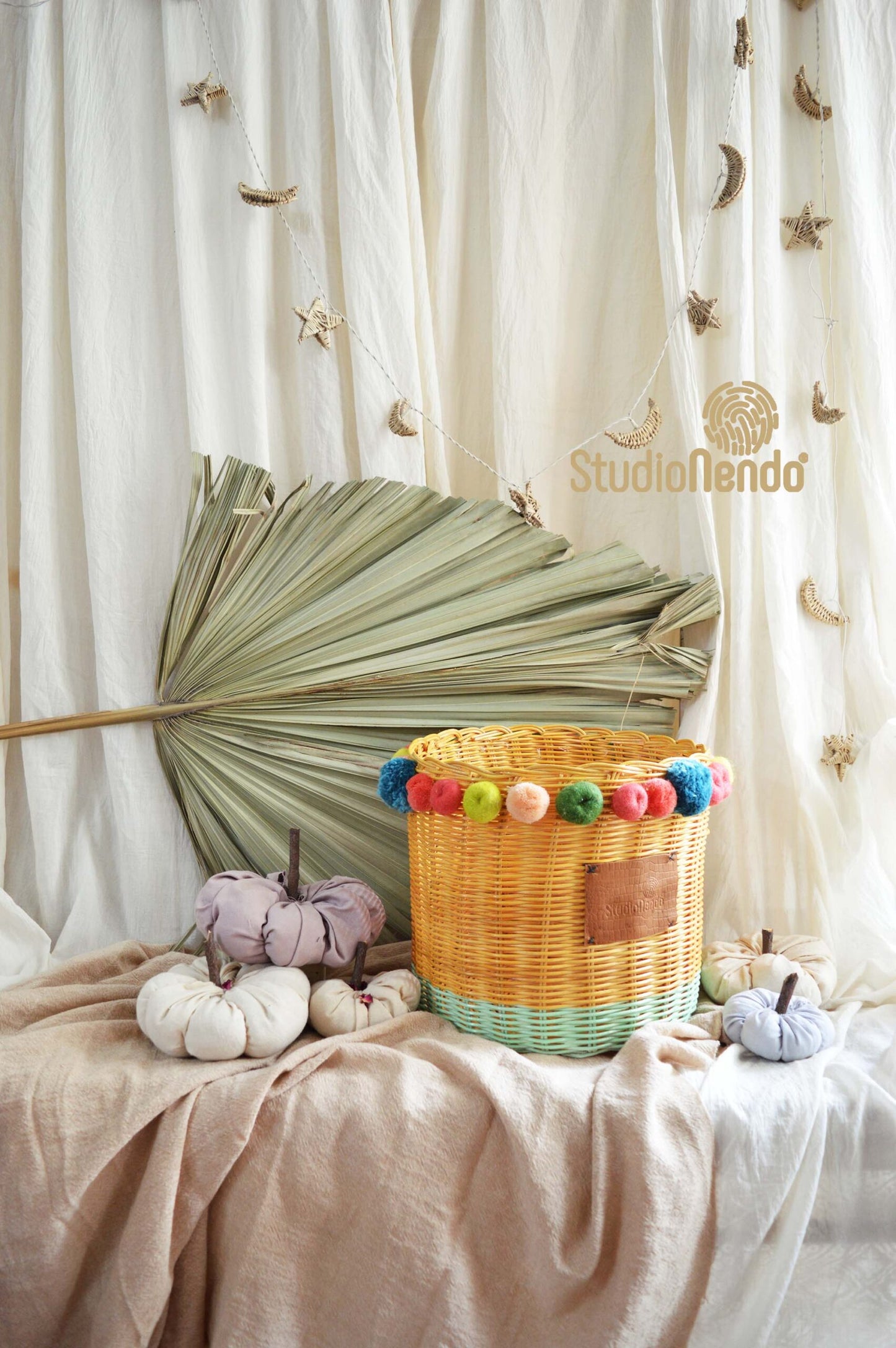Wicker Utility Basket with Pom-Poms