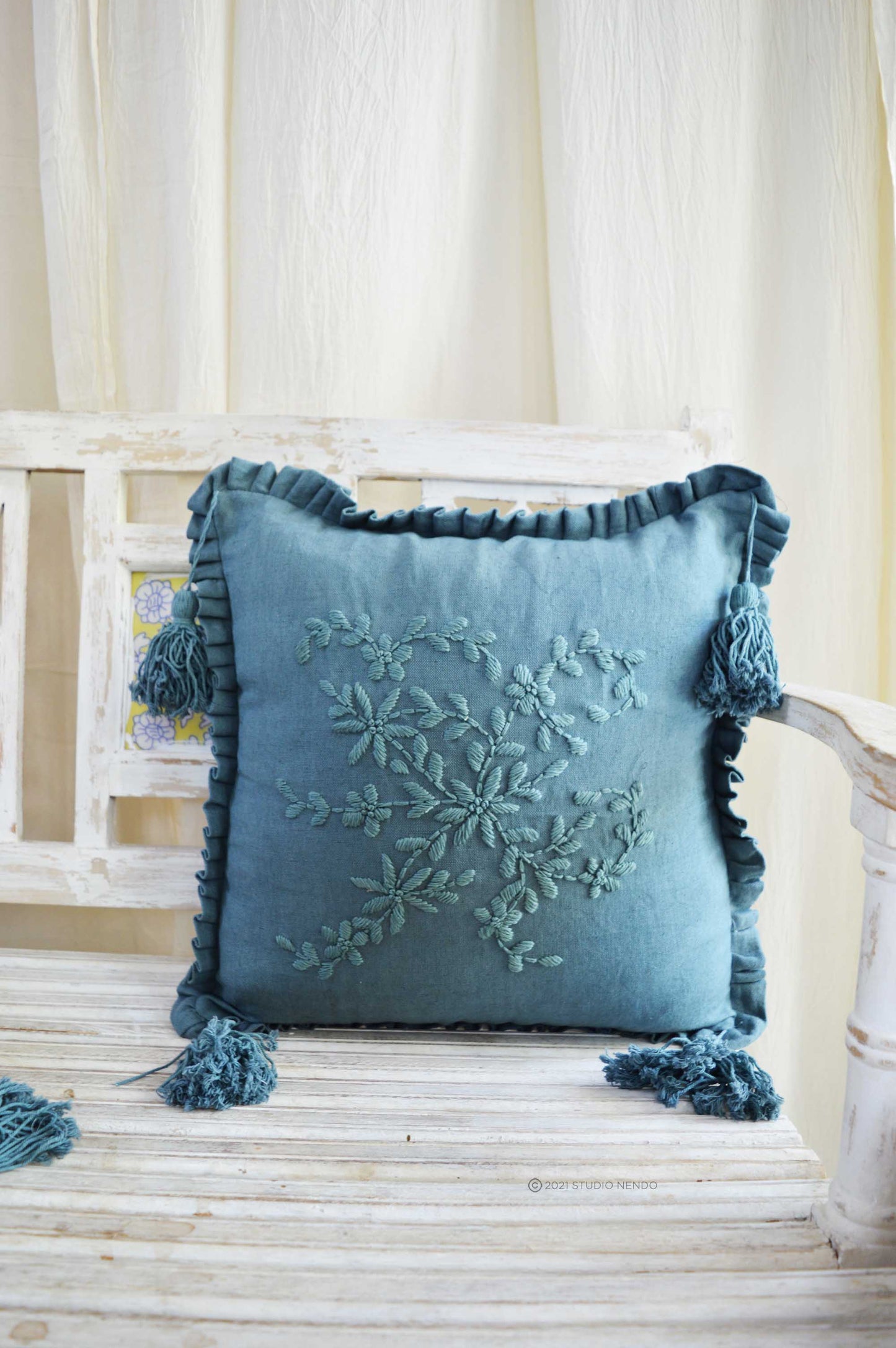 Hand embroidered Linen Cushion Cover- Indian Teal Blue